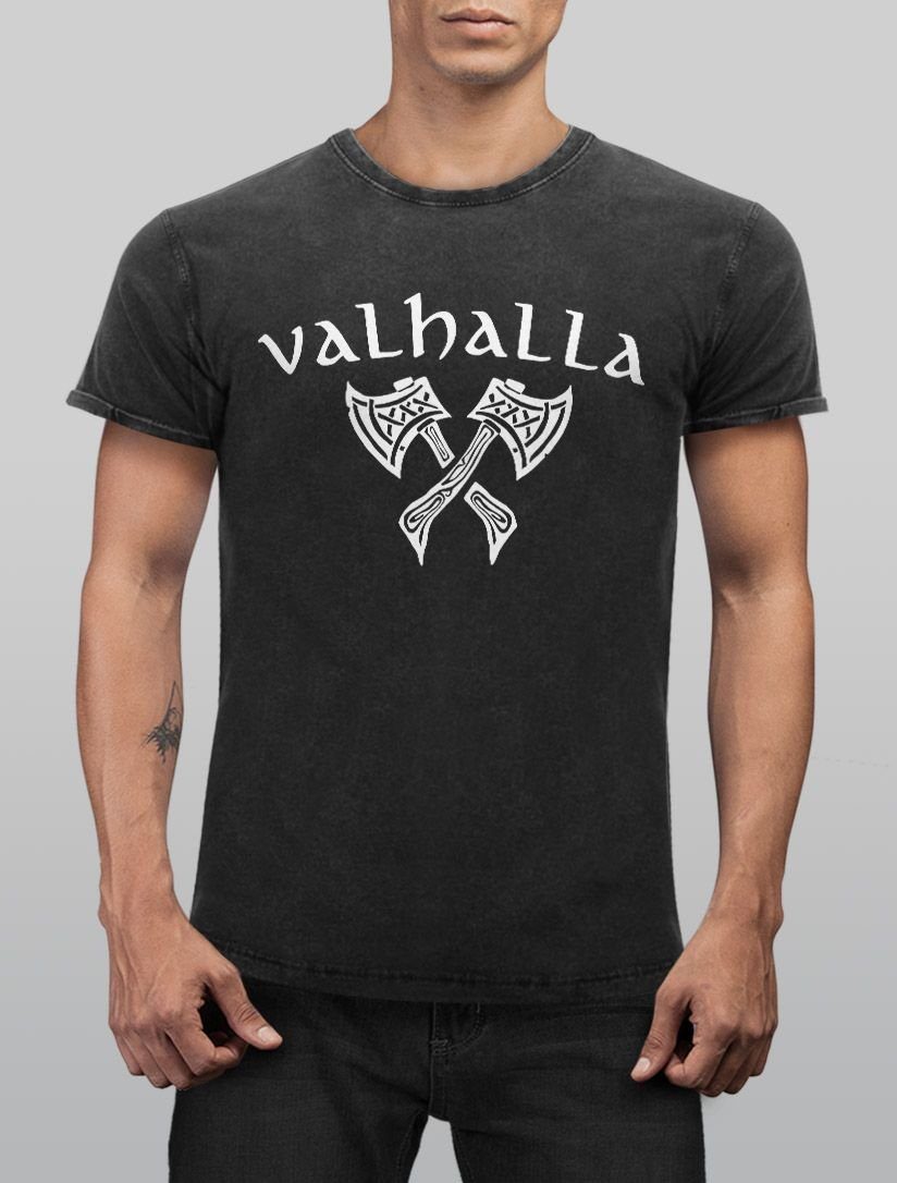 Vintage Wikinger Valhalla Krieger Print-Shirt Printshirt Neverless Mythologie Neverless® T-Shirt Axt Print nordische mit Shirt Herren Aufdruck