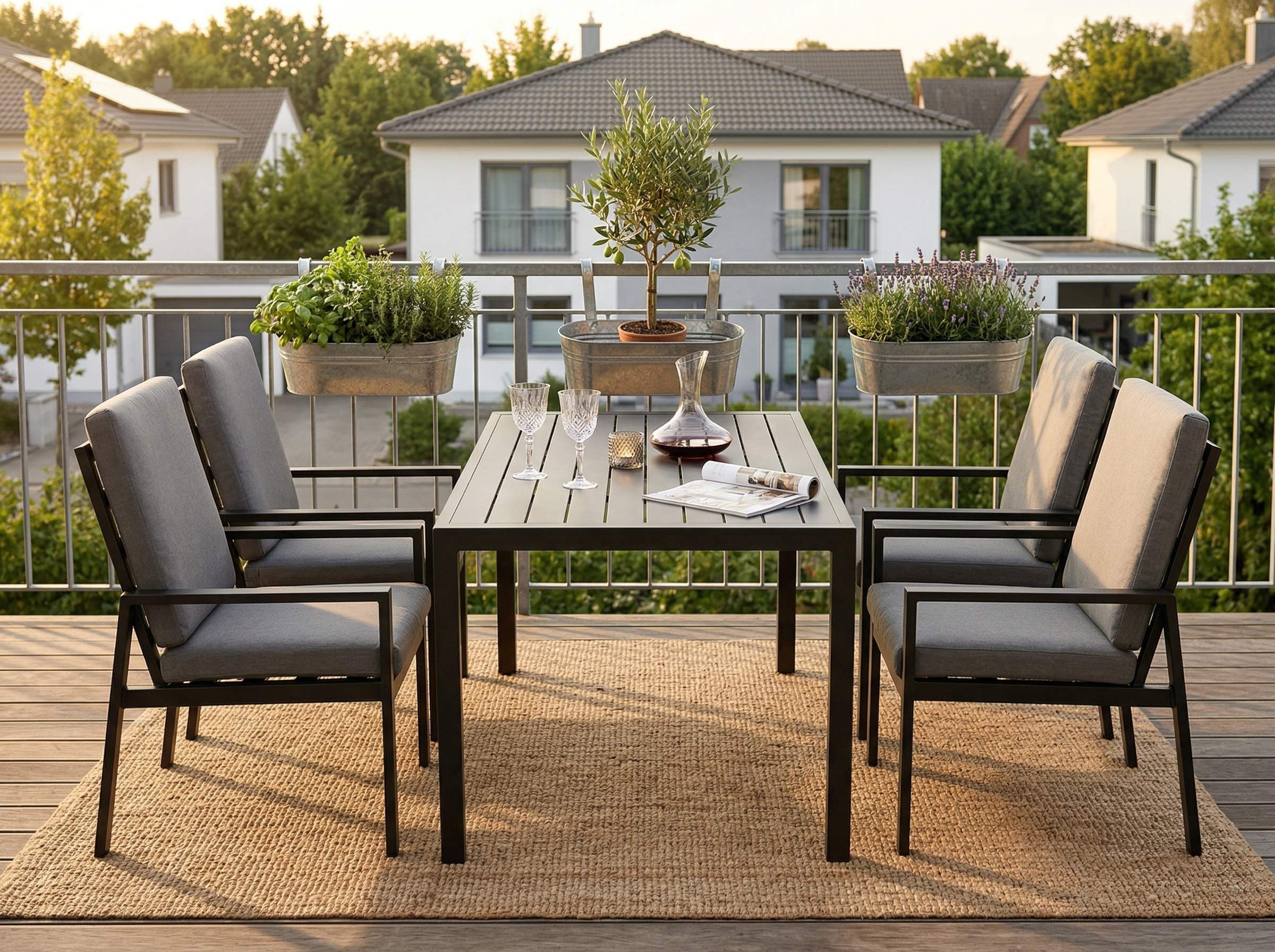 MeXo Gartenlounge-Set Gartenmöbel Set aus Aluminium mit Esstisch, (wetterfest, hoher Sitzkomfort, 5-tlg., bis 140 kg belastbar), mit pflegeleichte Polywood-Tischplatte, geeignet für 4 Personen