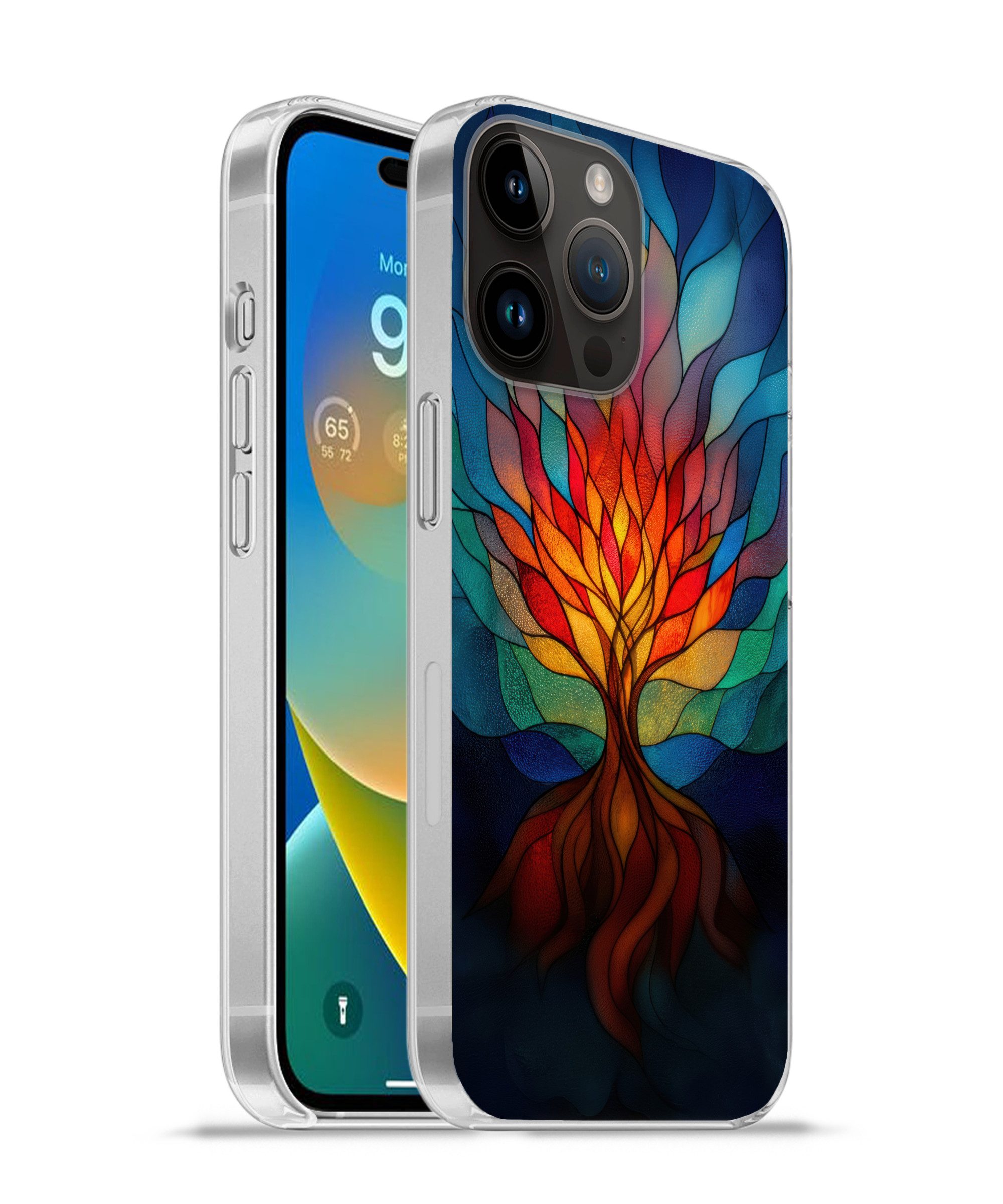 MuchoWow Handyhülle für Apple iPhone 14 Pro Ornamentales Glas - Baum - Rot - Wohnungen, Smartphone-Bumper, Print, Handy Schutzhülle Dünn