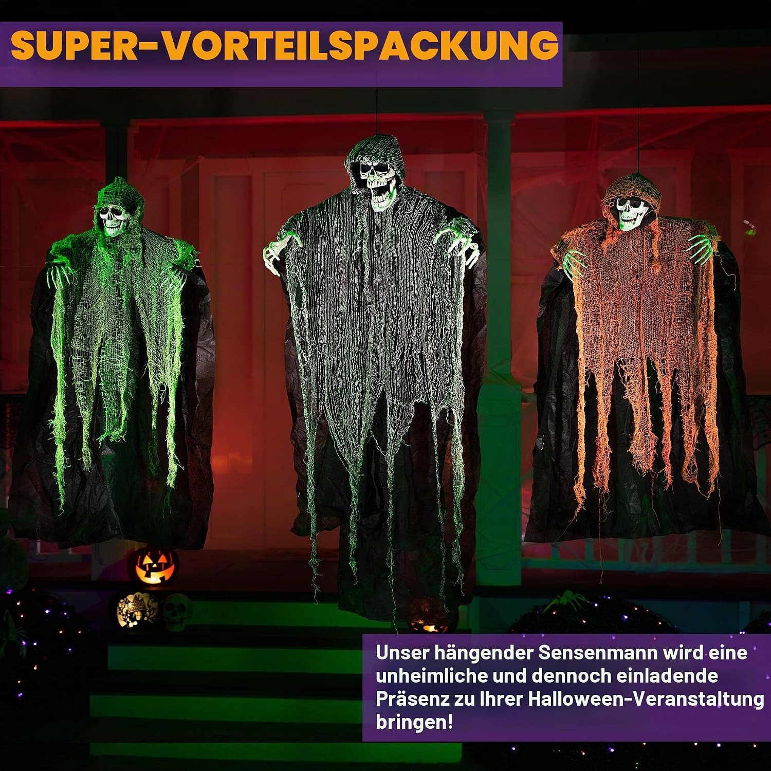 JOYIN Hängedekoration JOYIN 3 Stück hängende Sensenmänner Halloween Deko mit LED – Bild 2 von 5