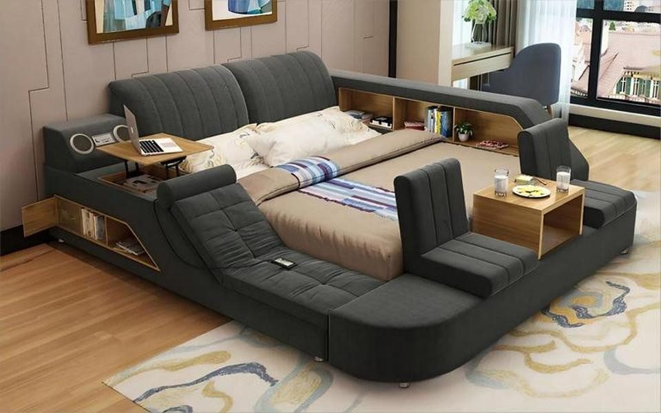 JVmoebel Multimediabett Multifunktionsbett in Grau mit USB-Anschluss von JVMoebel (1-tlg), Made in Europa