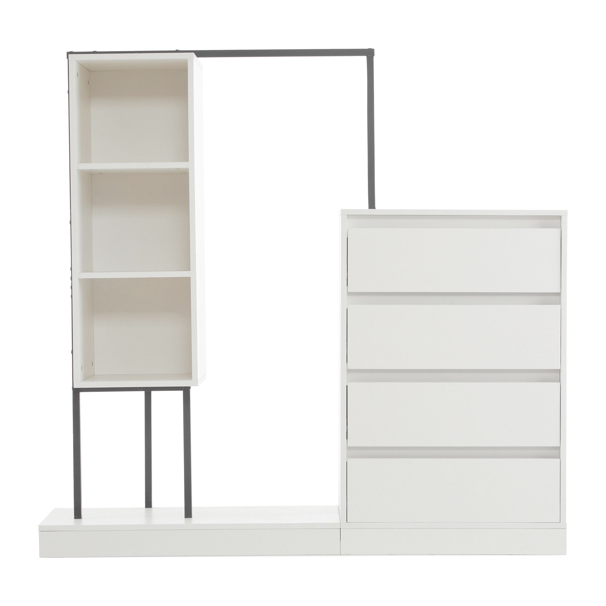 Flieks Garderoben-Set Kleiderschrank mit 3 offener Fächern, Kommode mit 4 Schubladen, (1-St., B140/W40/H135 cm), Schubladenschrank Kleiderstange-Set mit Stauraum Flurmöbel Weiß