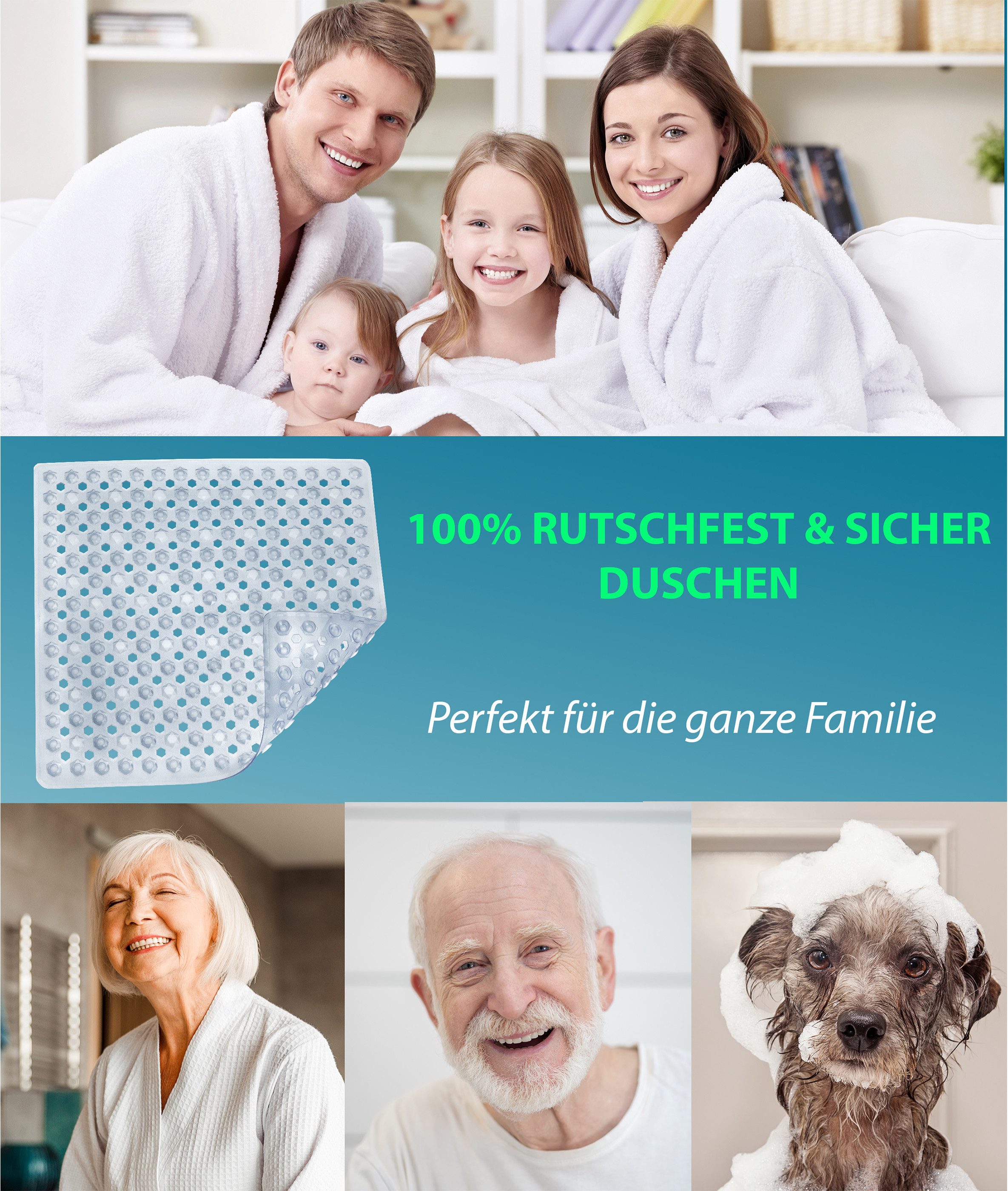 Blumbach Duschmatte - griffige Antirutschmatte Diamant 53 x 53 cm, - 100% BPA-frei, inkl. 2 Haken zum Aufhängen, Duscheinlage, schimmelressisten & maschinenwasc – Bild 5 von 5