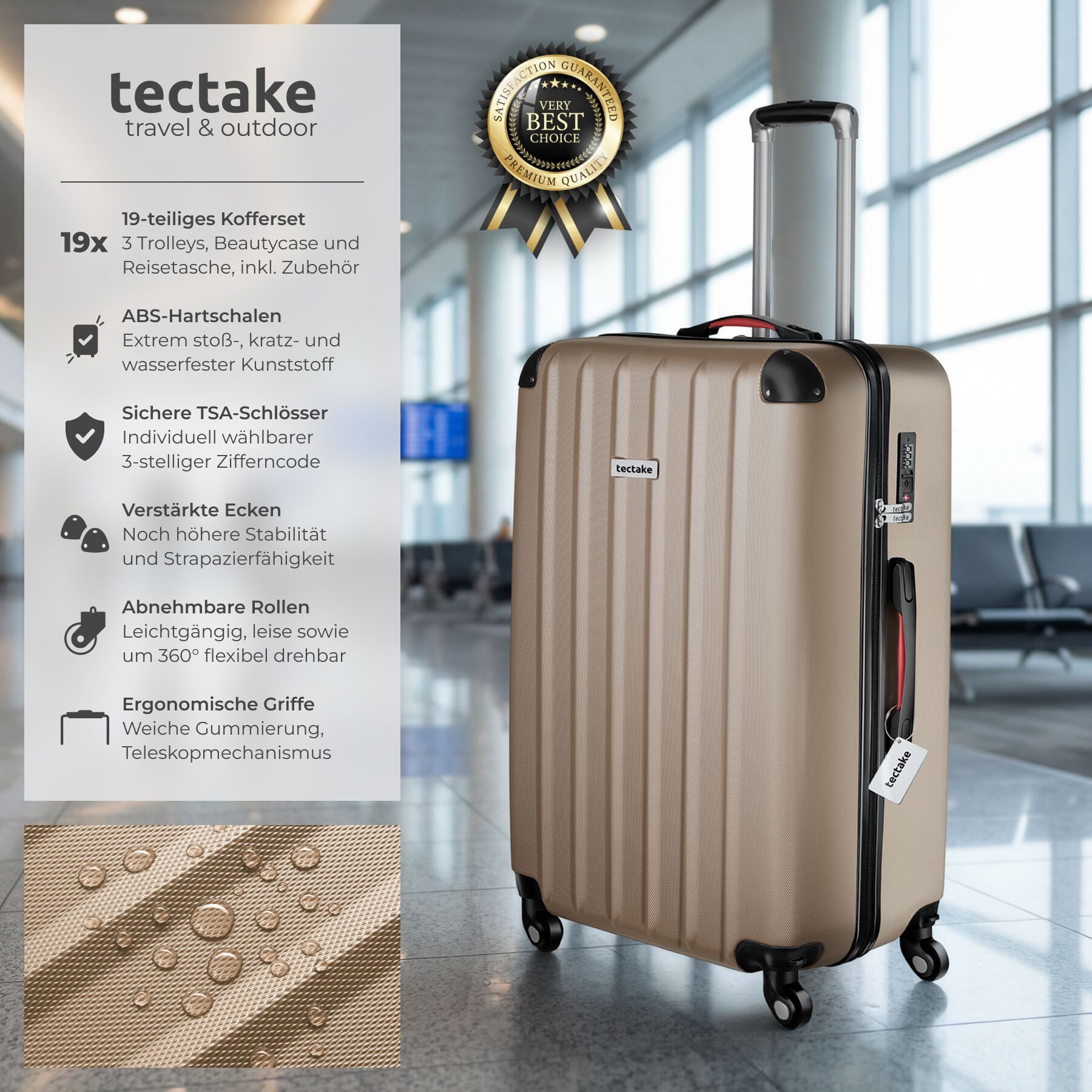 tectake Trolley Hartschalenkoffer-Set 19-teilig aus ABS-Kunststoff, Kofferwaage, 4 Rollen, TSA-Schloss, 360° drehbare, abnehmbare Rollen, mit Packwürfelset – Bild 2 von 5