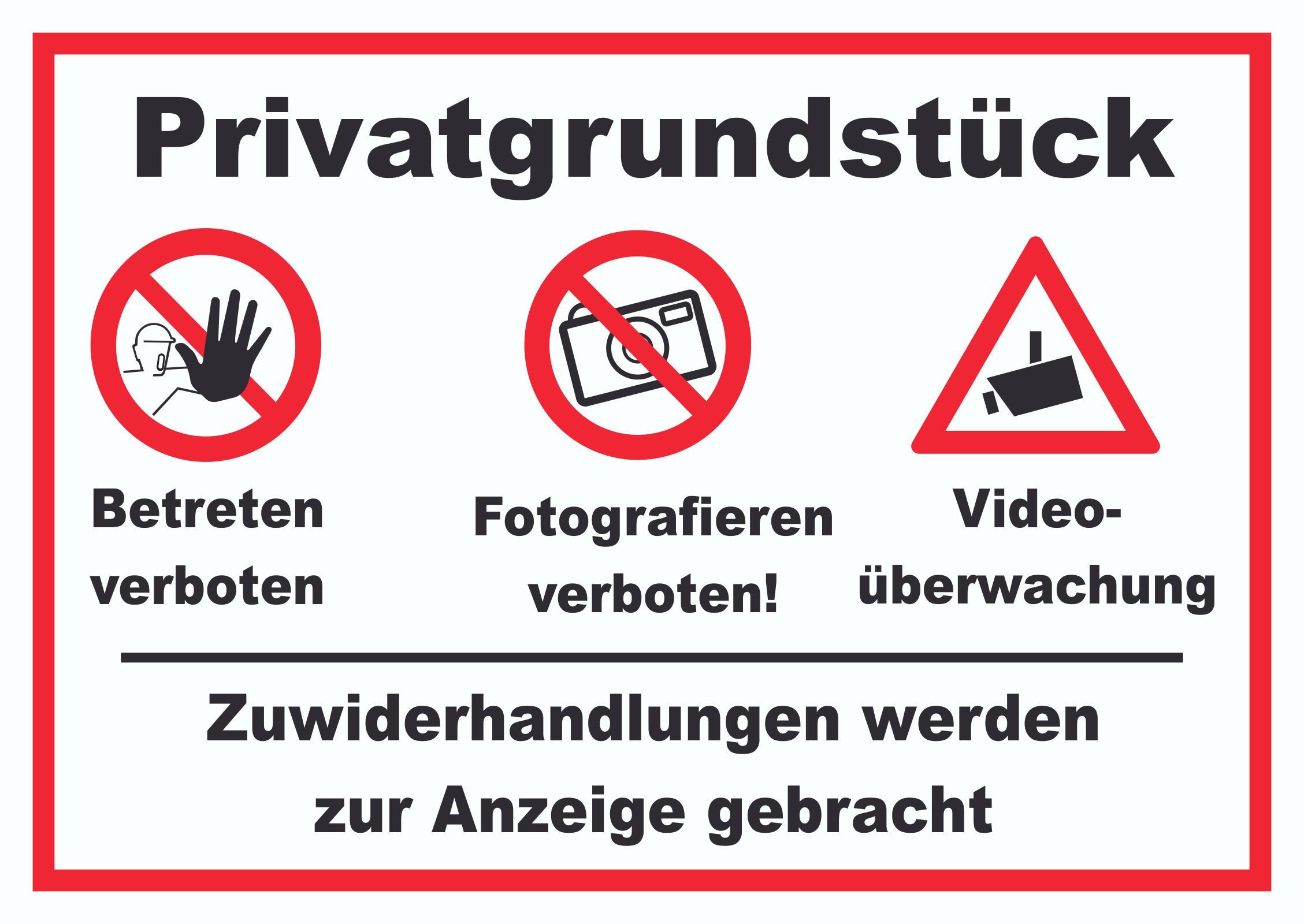 HB-Druck Hinweisschild Privat Betreten Fotografieren verboten Videoüberwachung Schild, wetterfest, stabil, UV-beständig, kratzfest