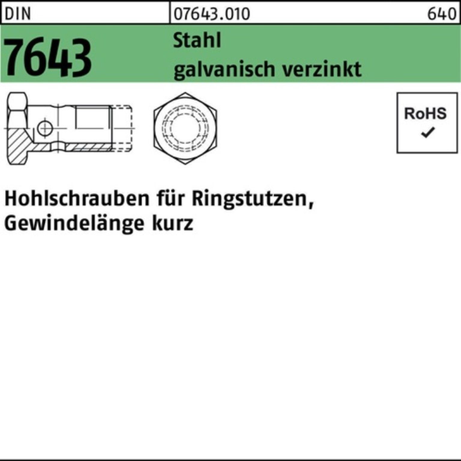 22-4 Stahl Hohlschraube 100er Reyher M26x1,5 DIN Pack Stü galv.verz. 7643 10 Schraube