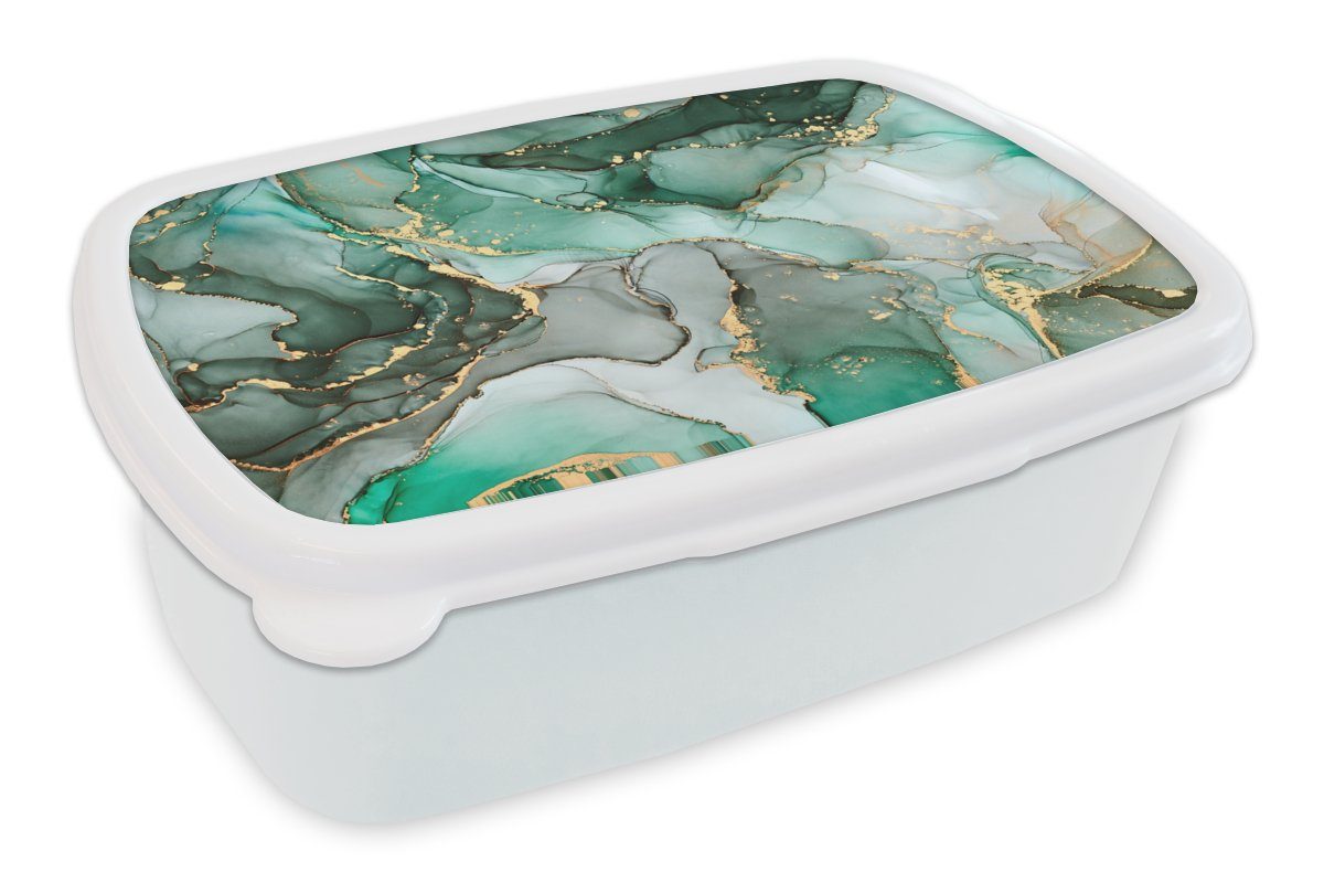 MuchoWow Lunchbox Gold - Marmor - Grün - Luxus - Marmoroptik - Grau, Kunststoff, (2-tlg), Brotbox für Kinder und Erwachsene, Brotdose, für Jungs und Mädchen weiß