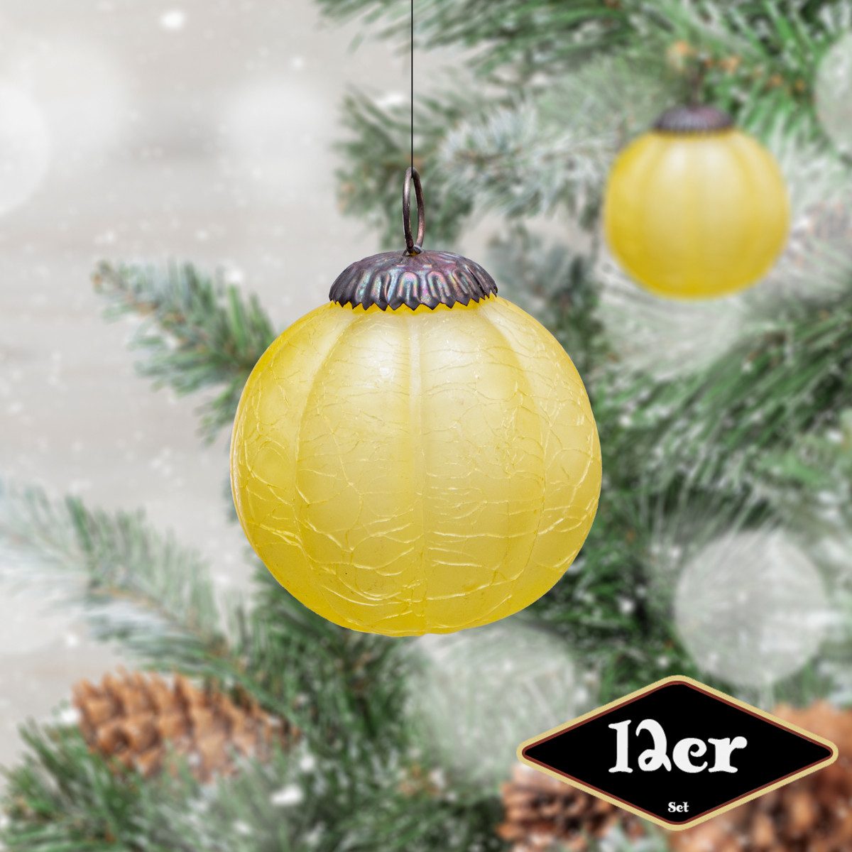 Antikas Weihnachtsfigur Christbaumkugelset, Rund, 12er Set, Glas, Gelb, krakeliert
