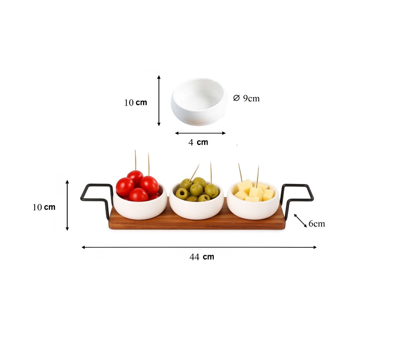 Cheffinger Schale 4-tlg. Dip-Schalenset mit Bambusbrett & Keramikschalen, Bambus, Keramik, (4-tlg)