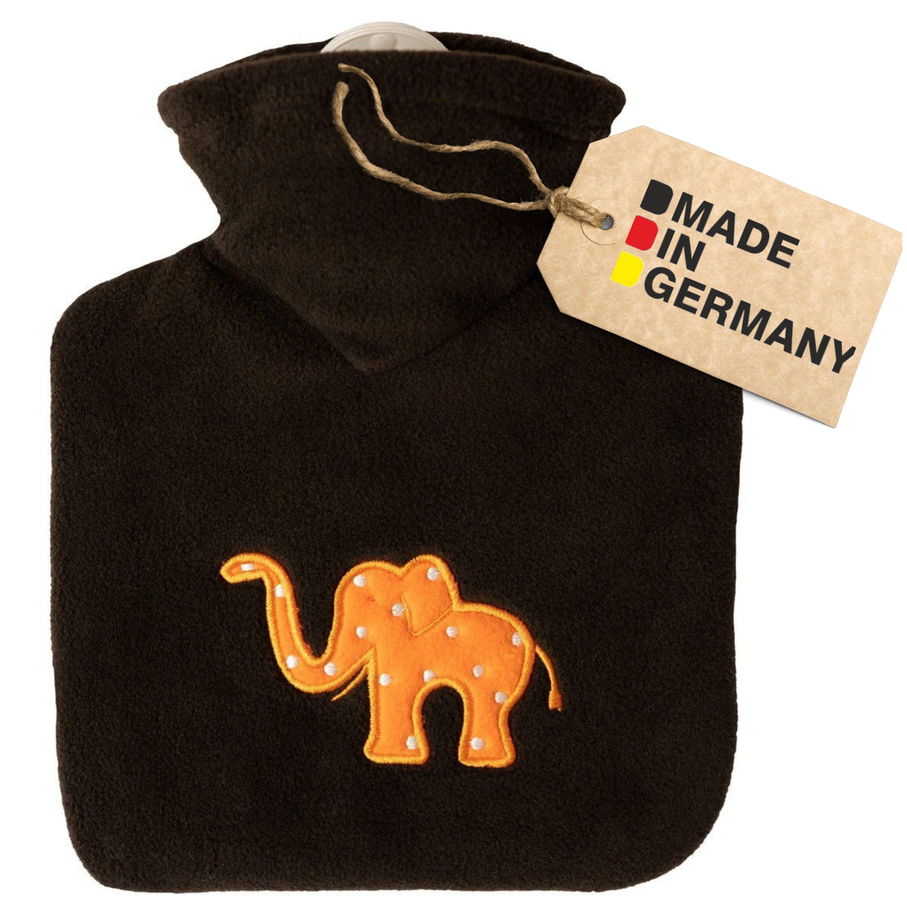 Hugo Frosch Wärmflasche - Kinder-Wärmflasche 0,6 l mit Bezug Fleece Tier Motiv, Made in Germany - Elefant braun