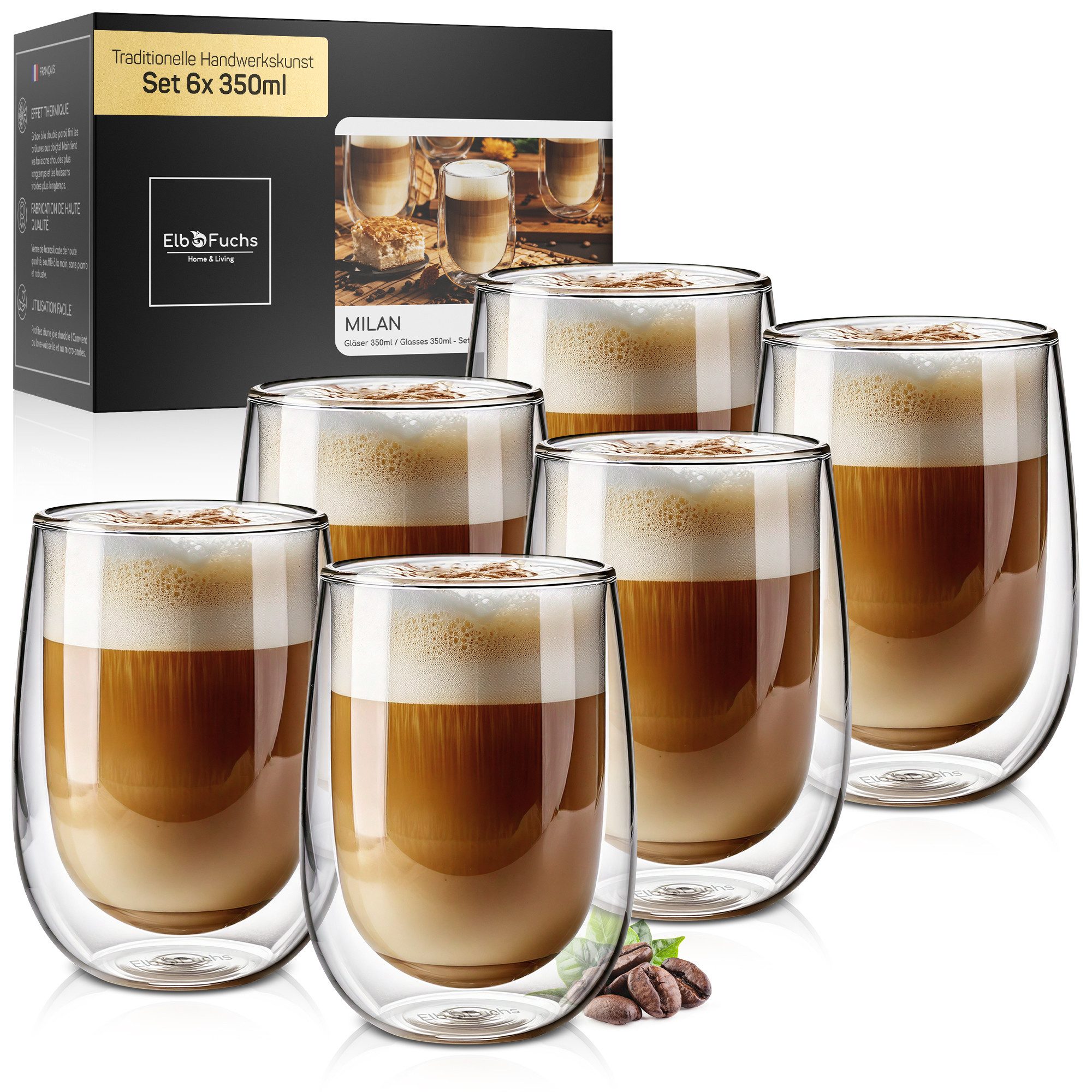 ElbFuchs Latte-Macchiato-Glas Milan 350ml, 6-tlg., Borosilikatglas, Doppelwandiger Thermoeffekt