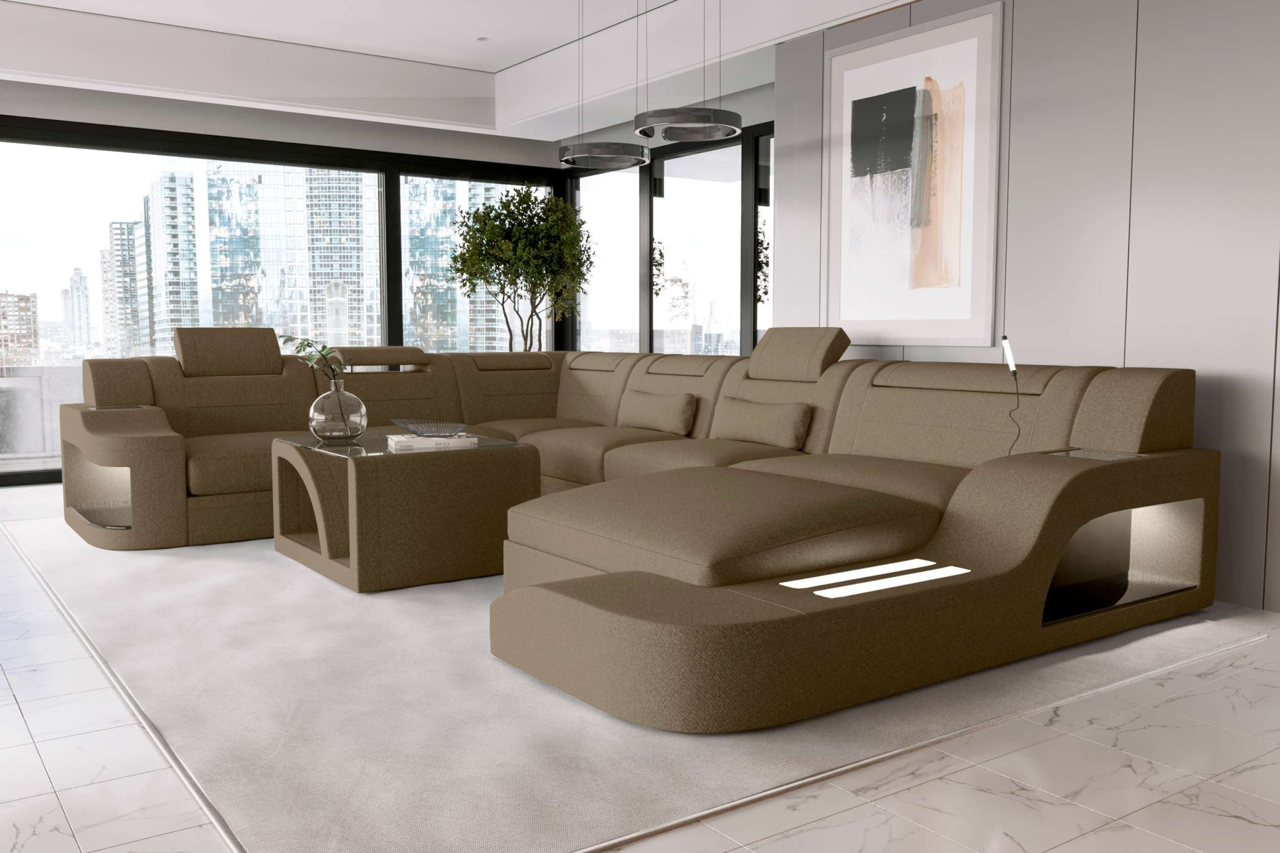Sofa Dreams Wohnlandschaft XXL Wohnlandschaft Palermo Stoffsofa, Wohnlandschaft, U-Form, Polster Couch in U-Form mit LED, 2 Zierkissen inklusive