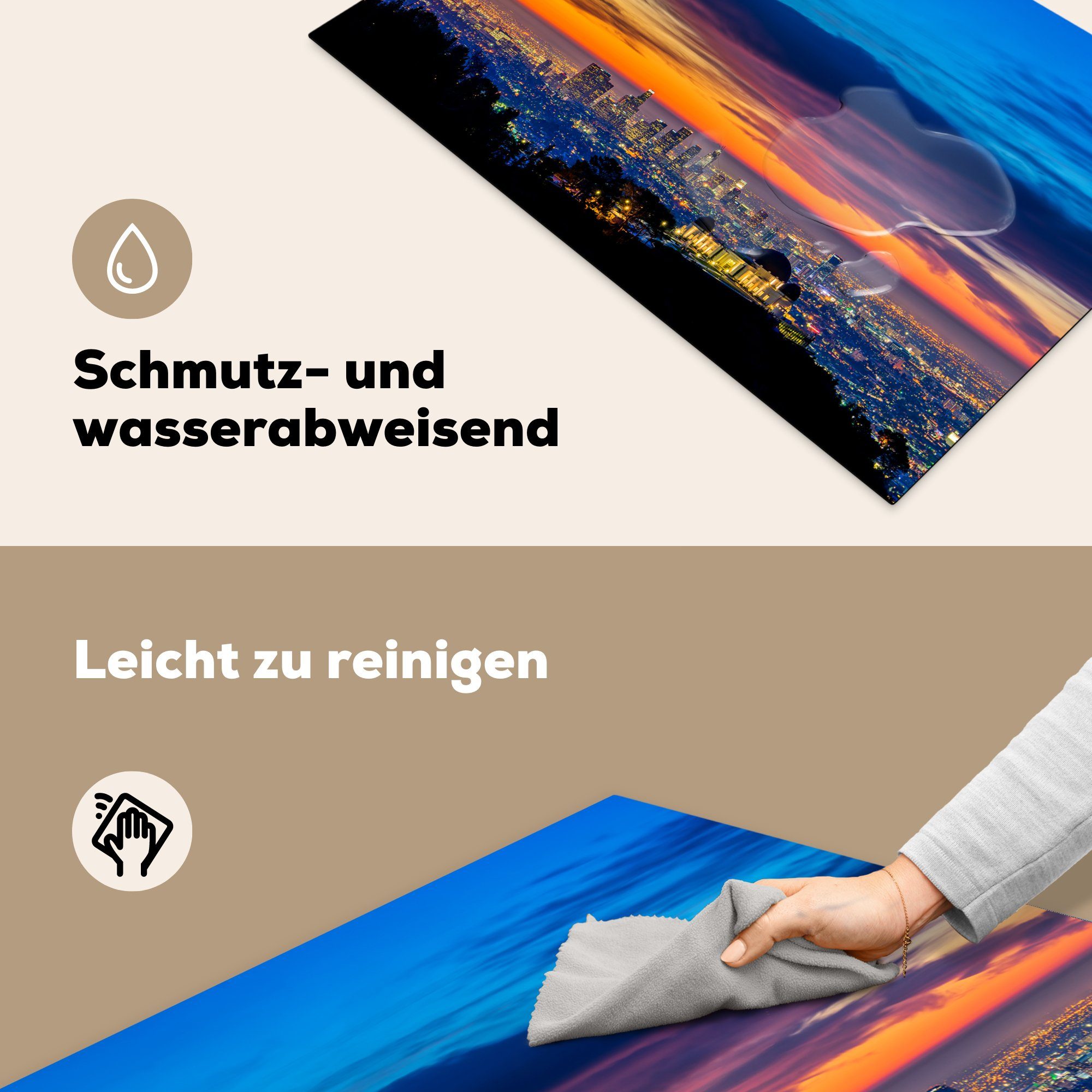 Herdblende-/Abdeckplatte küche, Vinyl, tlg), von (1 Angeles Park Sonnenuntergang, 81x52 Schutz MuchoWow die Ceranfeldabdeckung cm, Skyline für Griffith Los bei Induktionskochfeld mit