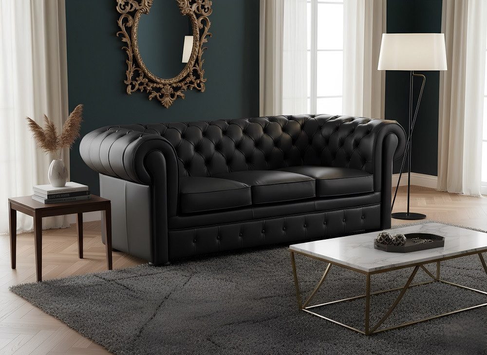 JVmoebel Chesterfield-Sofa Schwarzes Leder Sofa im Chesterfield-Stil mit klassischem Design, 1 Teile, Made in Europa