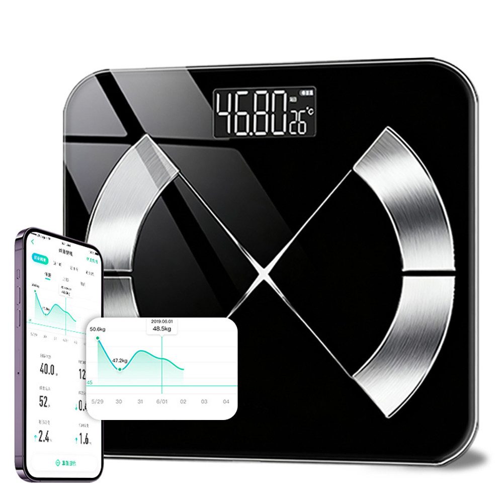 Tekoo Körper-Analyse-Waage Körperanalysewaage mit Bluetooth & App, USB-C Akku, 180kg, Integrierte Herzfrequenzmessung, 24 präzise Körperanalyse-Werte (BIA)