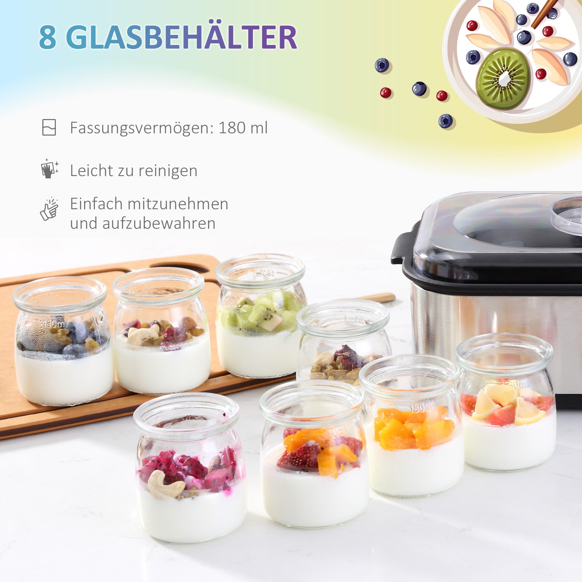 HOMCOM Joghurtbereiter Griechische Joghurtmaschine, Joghurt Maker für 1,4 L, LCD Timer, 8 Portionsbehälter, je 180 ml, PC PP-Kunststoff Edelstahl Glas Silber 36 – Bild 4 von 5