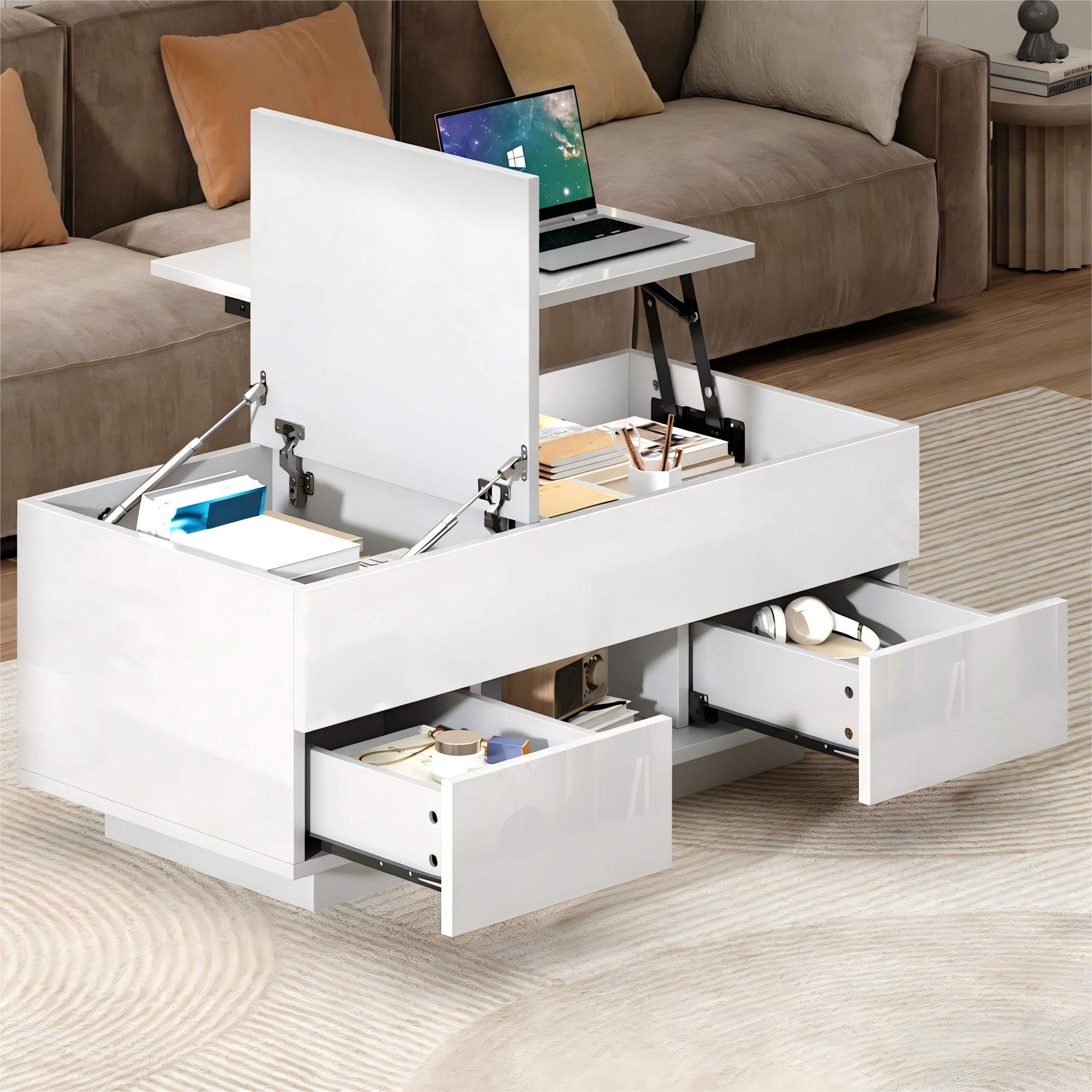 REDOM Couchtisch Mit LED-Beleuchtung & 2 Schubladen (Packung, 1-St., Versteckter Stauraum, Spanplatte), Beistelltisch 100x45x43 cm, Weiß Hochglanz