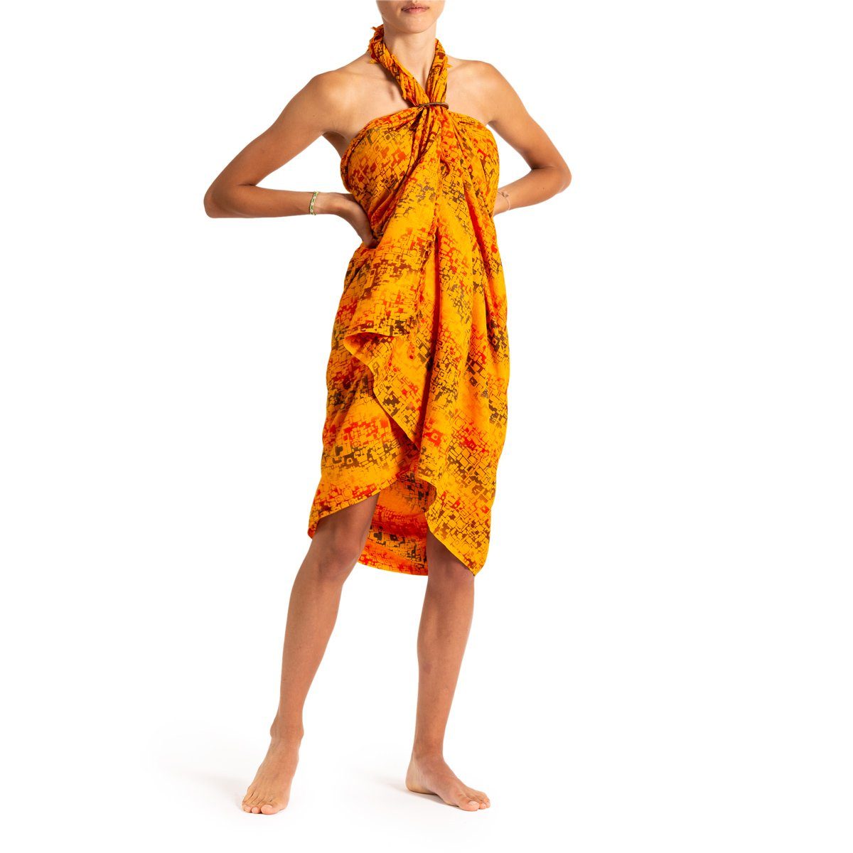 PANASIAM Pareo Sarong Wachsbatik Orangetöne aus hochwertiger Viskose Strandtuch, Strandkleid Bikini Cover-up Tuch für den Strand Schultertuch Halstuch B302 orange square