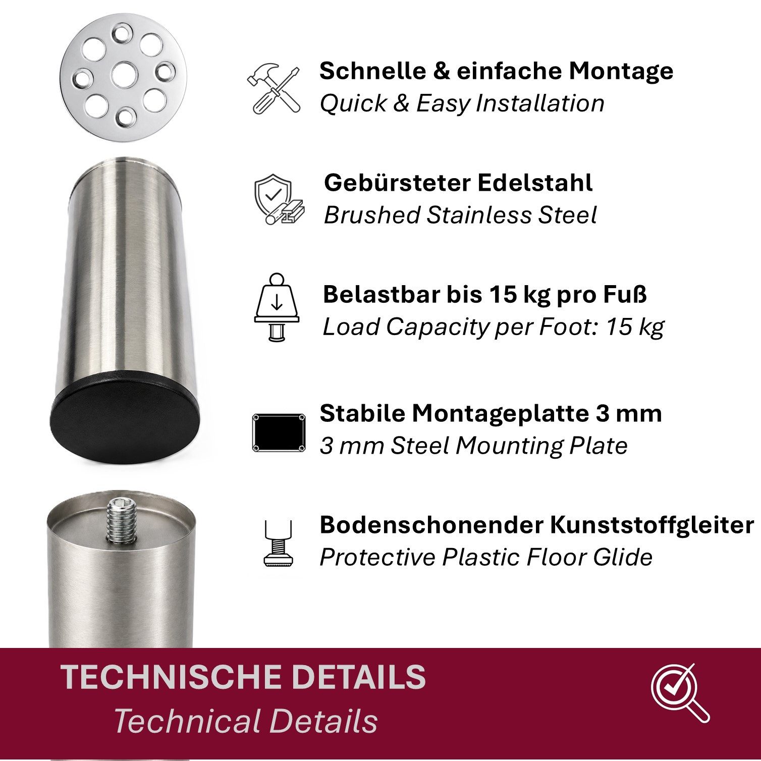 HOOZ Möbelfuß Edelstahl 80mm 12er Set gebürstet Ø50mm mit Kunststoffgleiter, (Set, 12-St., 12er-Set Möbelbeine), 3 mm Montageplatte mit M8-Gewinde und Kunststof – Bild 3 von 5