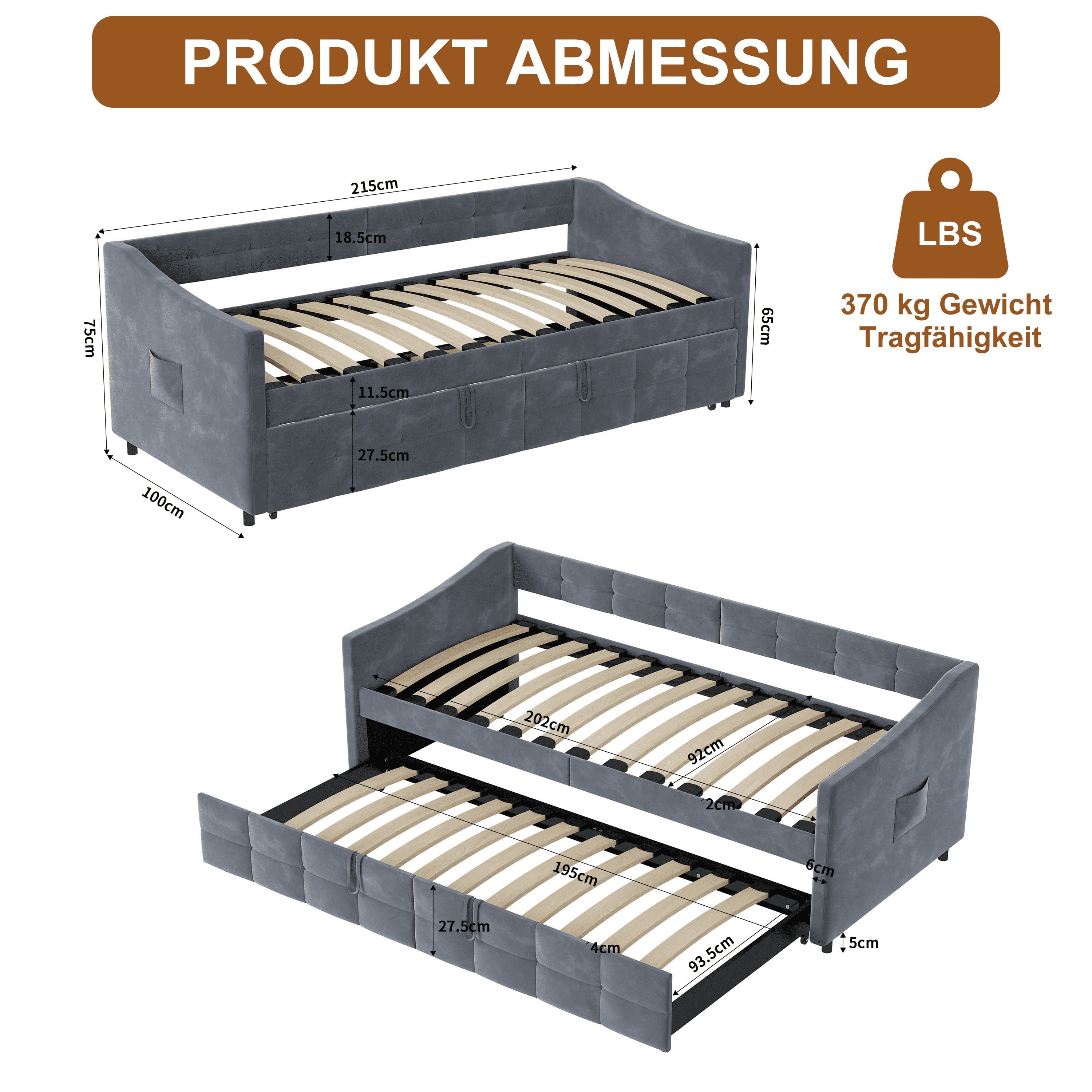 Simurq Daybett Schlafsofa 90x200 mit Unterbett, Ausziehbett, Tagesbett, Gästebett, Polsterbett, Mit Lattenrost, Samt – Bild 5 von 5