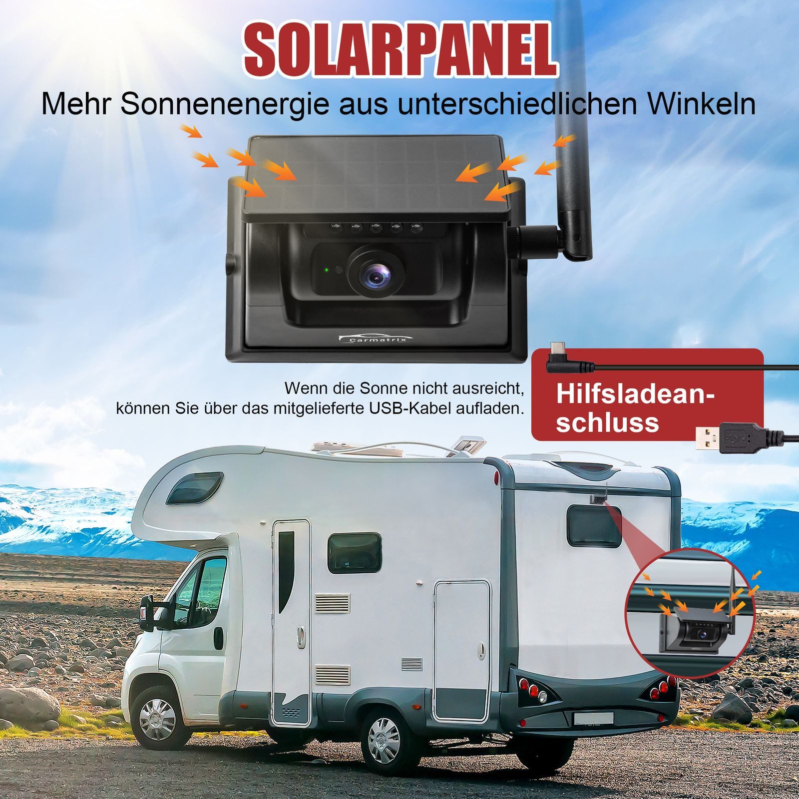 CARMATRIX Solar Rückfahrsystem mit 7" Monitor Magnet Akku Wohnmobil Wohnwagen Rückfahrkamera (Solar Funk Video Rückfahrsystem Wohnmobil Rückfahrkamera mit Magne – Bild 4 von 5