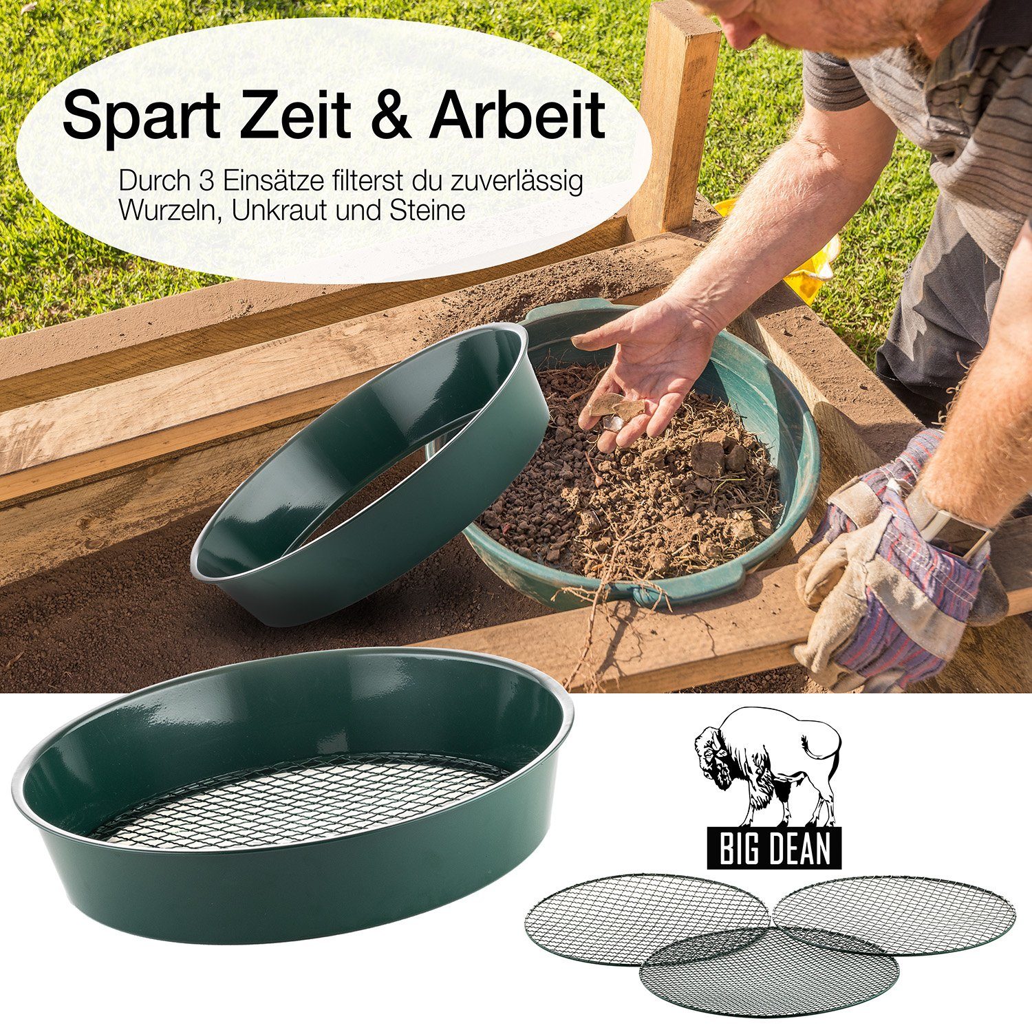 BigDean Gartensieb Metall fein bis grob inkl. 3 austauschbarer Siebeinsätze Erdsieb, Metall, (Set, 2-St., Gartensieb), Dreierlei Einsätze, Vielseitig Einsetzbar – Bild 4 von 5