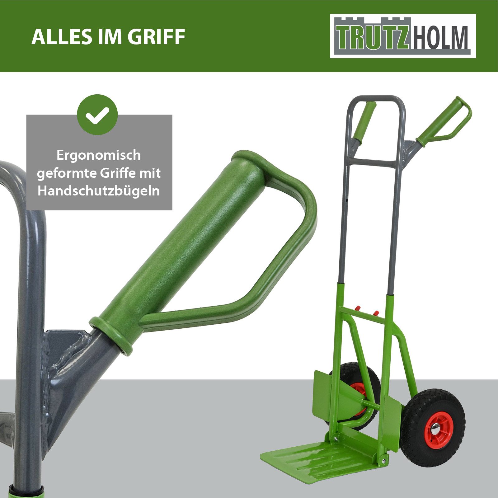 TRUTZHOLM Sackkarre Handkarre Stahl 200 kg 113 cm Höhe große klappbare Ladefläche PU-Räder, Hohe Traglast, robustes Gestell, ergonomische Handgriffe