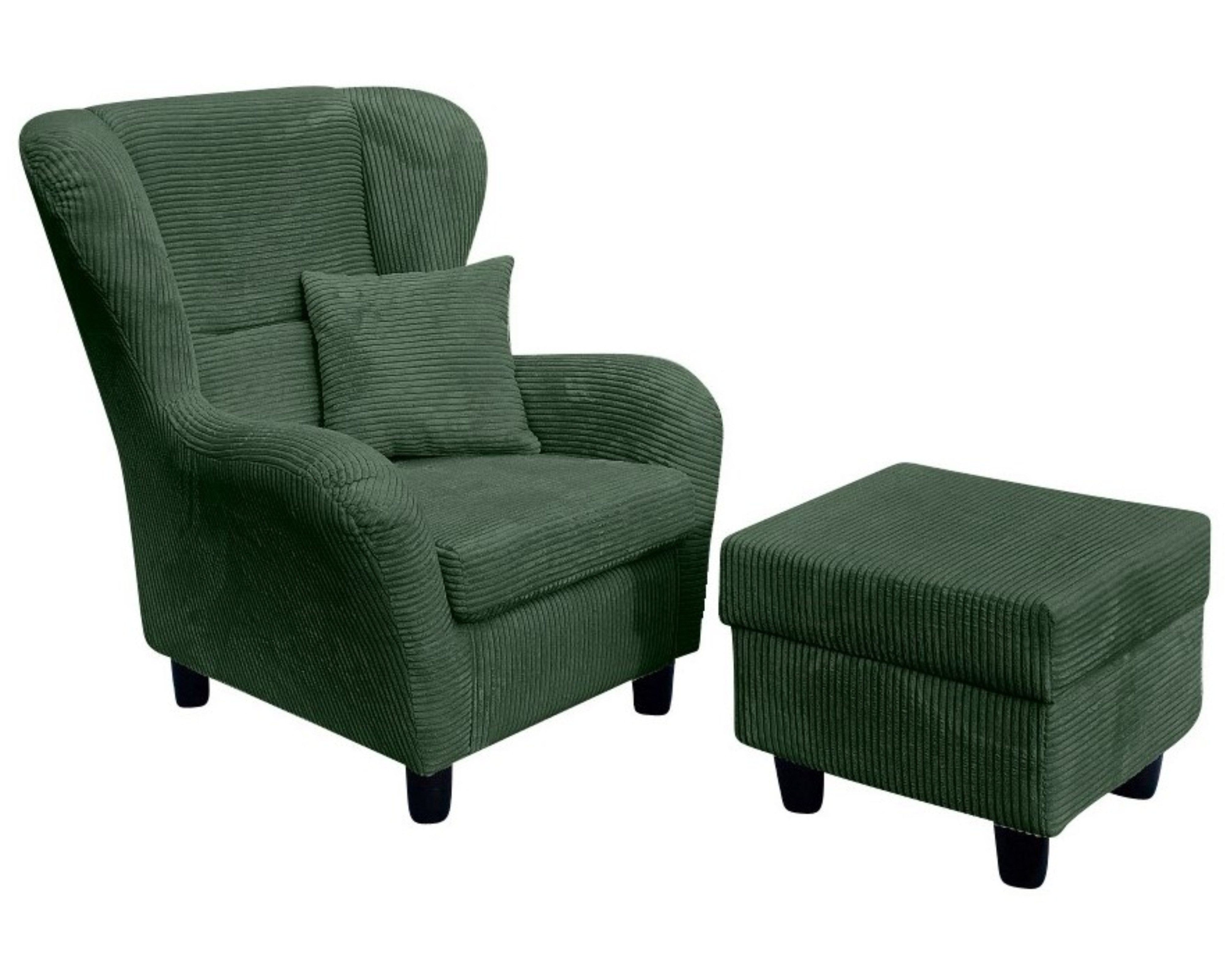luma-home Ohrensessel 18018 (mit Hocker und Zierkissen, Wellenunterfederung), Lesesessel mit Echtholzfüßen, Bezug Cordstoff in Grün