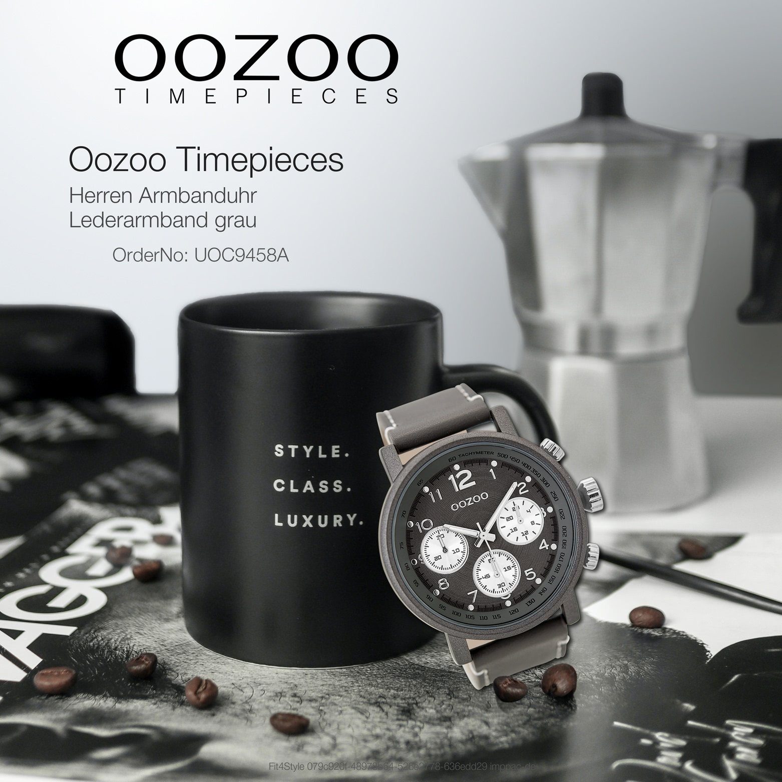 Armbanduhr extra Herrenuhr 48mm) OOZOO grau rund, Oozoo groß Quarzuhr Herren Casual-Style Analog, Lederarmband, (ca.