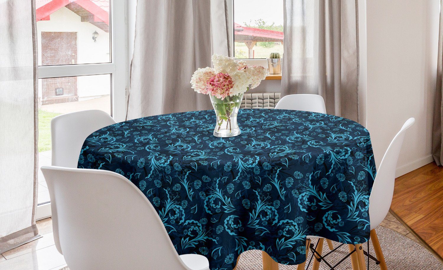 Abakuhaus Tischdecke Kreis Tischdecke Abdeckung für Esszimmer Küche Dekoration, Blau Damast spornte Zusammenfassung