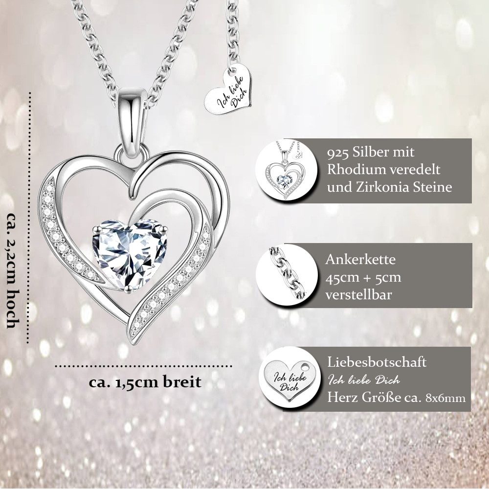 Limana Kette mit Anhänger Herzkette 925 Silber Kette Herz Silberkette Damen Frauen Freundin (mit Tasche u. Dose, Geschenk Ehefrau Weihnachten Weihnachtsgeschenk), Liebesgeschenk Liebe Set für Sie Mutter Frauenkette Damenkette