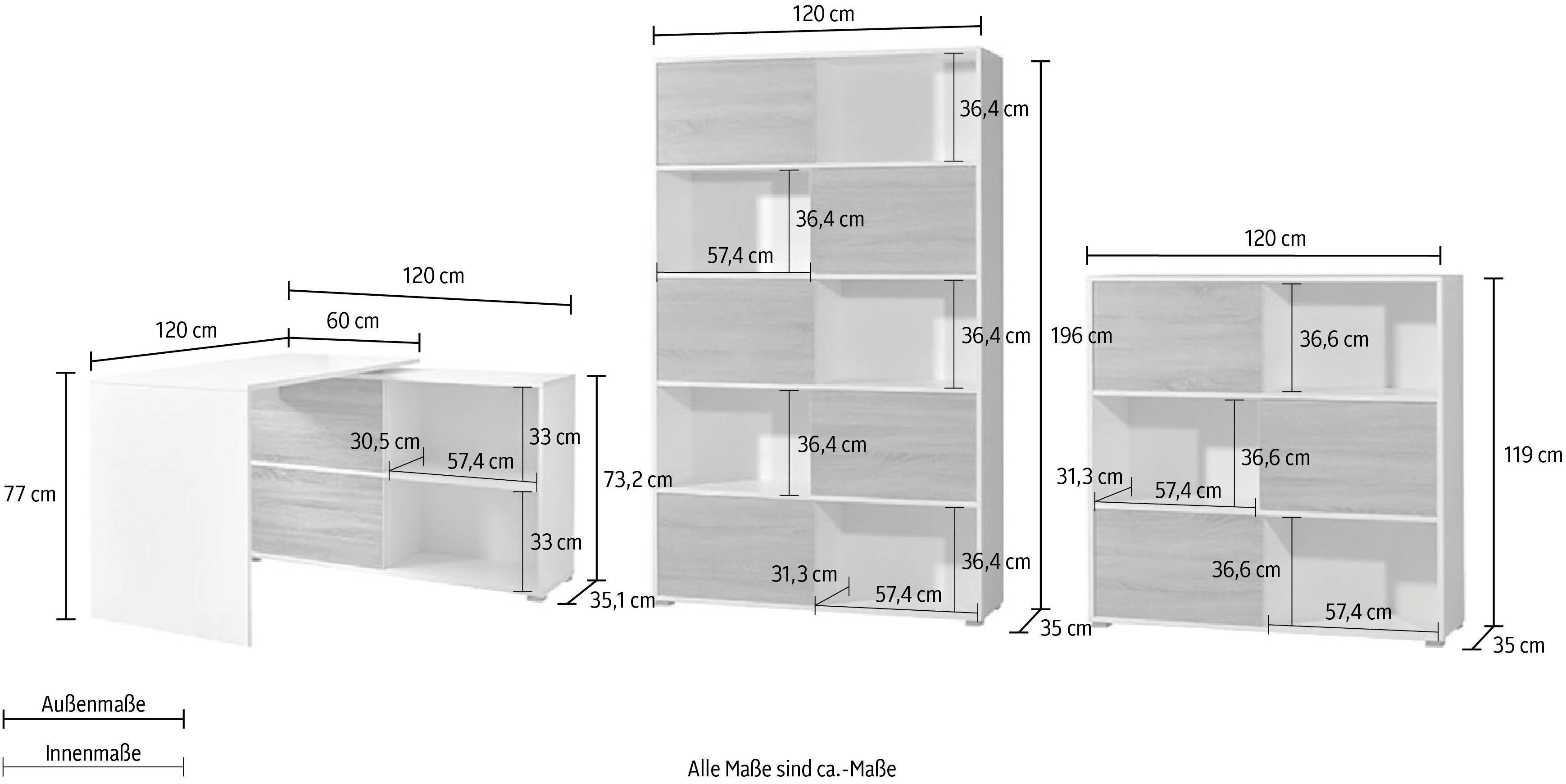3-St) (Set, GW-Slide, Büromöbel-Set GERMANIA Weiß/Sonoma-Eiche-Nachbildung