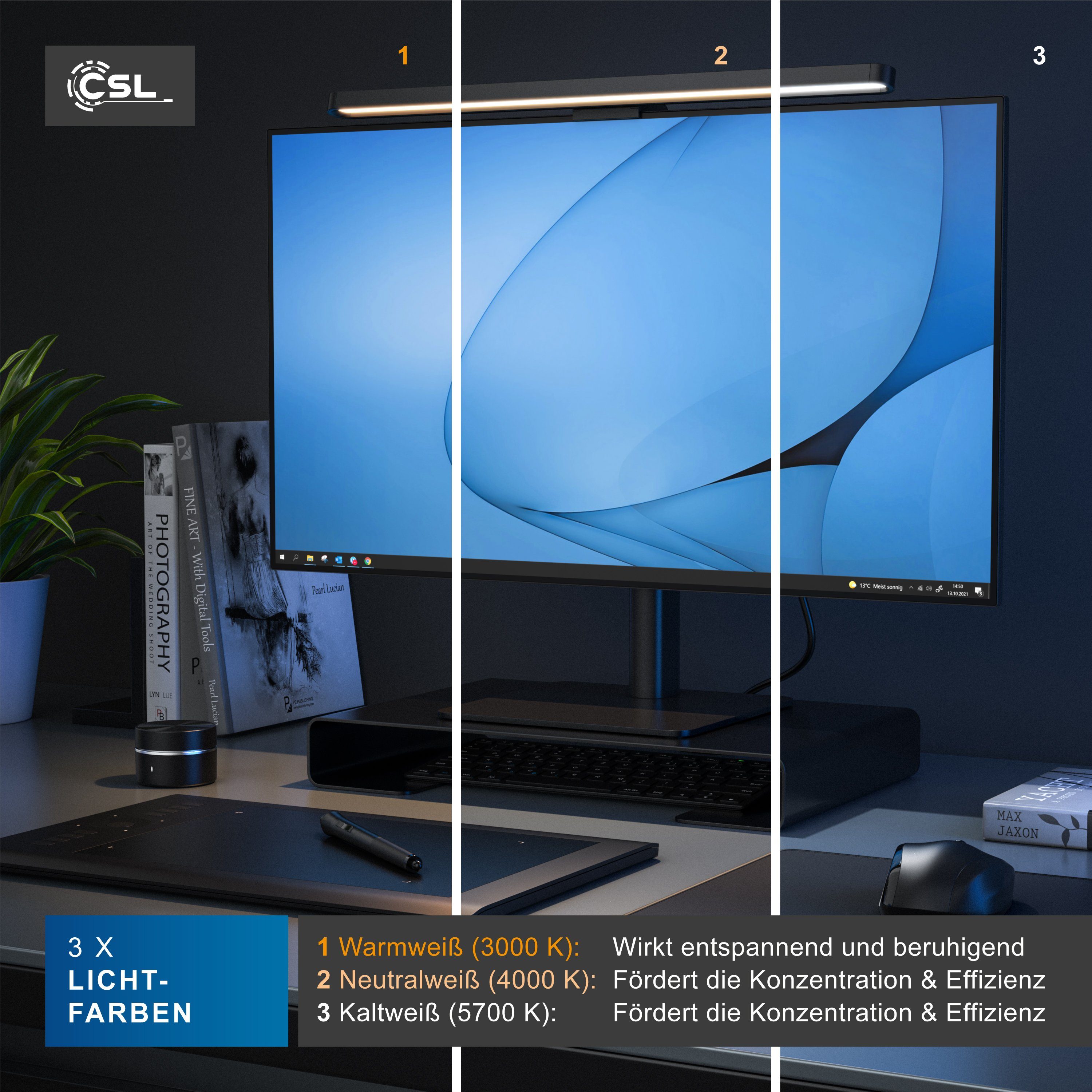 CSL Schreibtischlampe Monitor Lampe, LED Screenbar dimmbar, Leuchte, 3 Lichtfarben, LED Monitorlampe, Bildschirmlampe mit Dimmfunktion, Ein-/Ausschalter, Mehrer – Bild 4 von 5