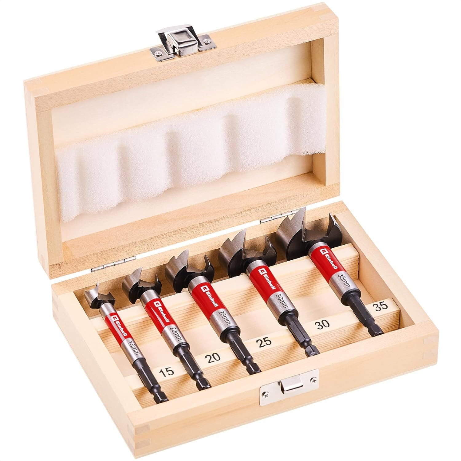 Einhell Bohrer- und Bit-Set, (5x Forstnerbohrer (15 / 20 / 25 / 30 / 35 mm, Gesamtlänge 93 mm, E 6.3 Schaft), 1x Holzbox (130 x 190 x 48 mm), 1-tlg), Forstnerbohrer-Set, 5-tlg. (15–35 mm, C65-Werkzeugstahl DIN 7483 G