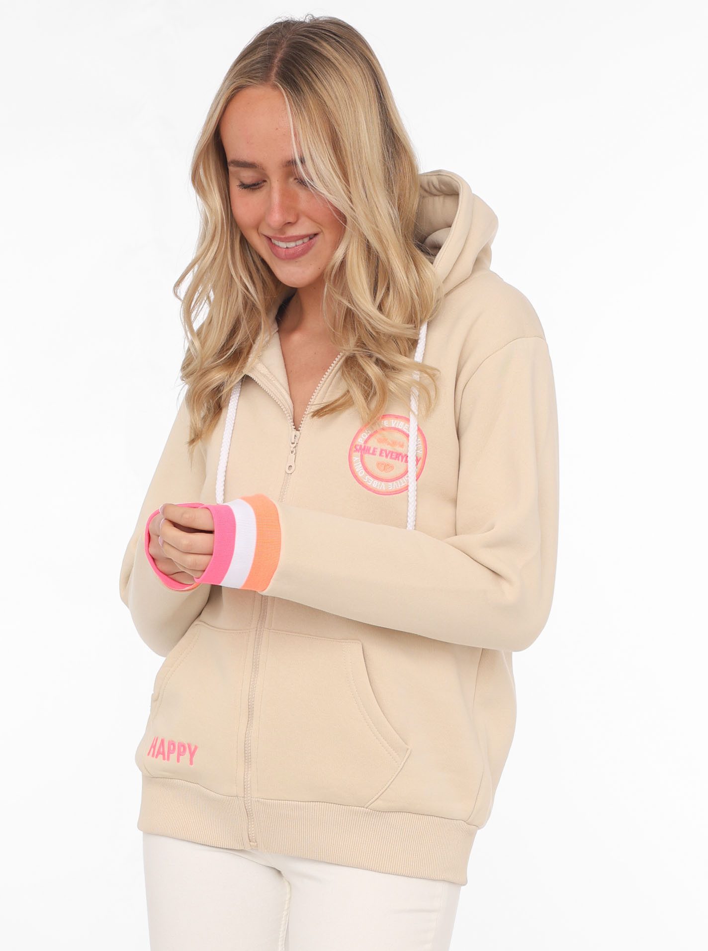Zwillingsherz Kapuzensweatjacke "Smile Everyday ZH" Kapuze, Taschen, Langarm, Stickerei, Reißverschluss
