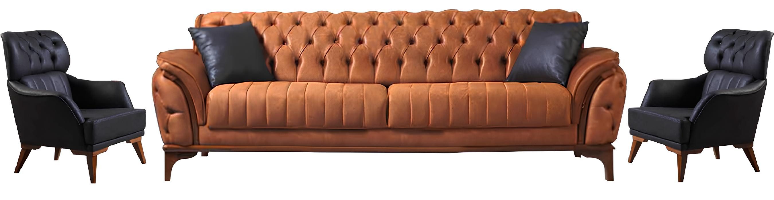Xlmoebel Chesterfield-Sofa Schwarz-Orange Chesterfield Sofagarnitur für elegantes Wohnen, 3 Teile, Hergestellt in Europa