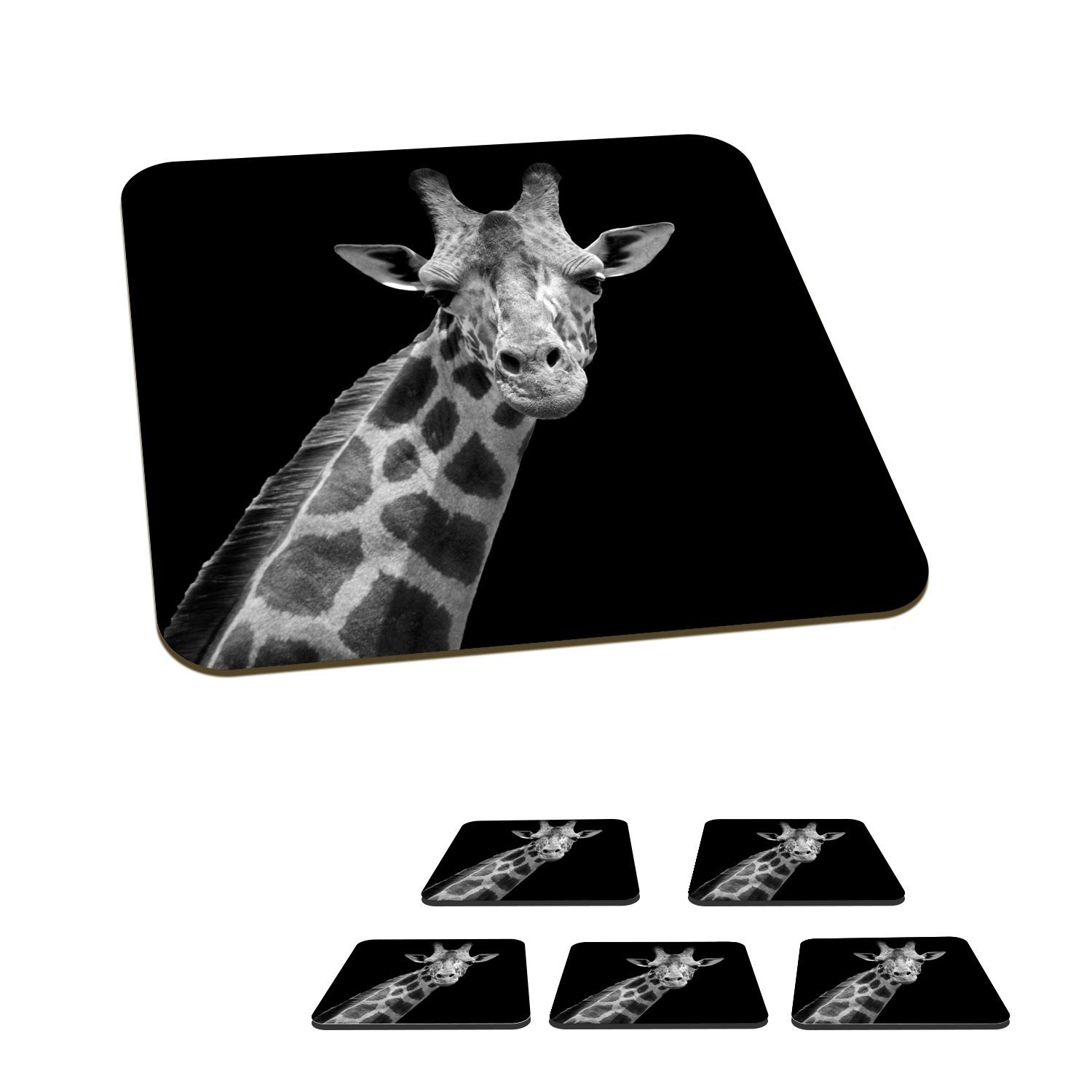MuchoWow Glasuntersetzer Giraffe - Wildtiere - Schwarz-Weiß - Porträt, Zubehör für Gläser, 6-tlg., Glasuntersetzer, Tischuntersetzer, Korkuntersetzer, Untersetzer, Tasse