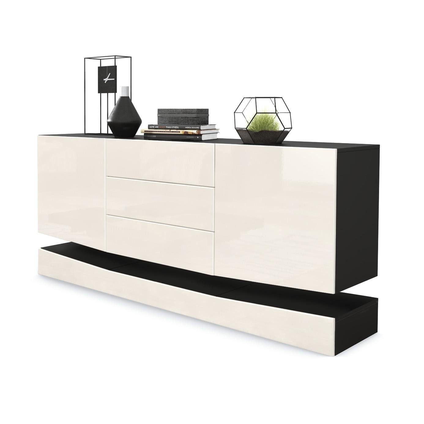 Vladon Sideboard City (Kommode, mit 2 Türen und 3 Schubladen), Schwarz matt/Creme Hochglanz (178 x 72 x 38 cm)