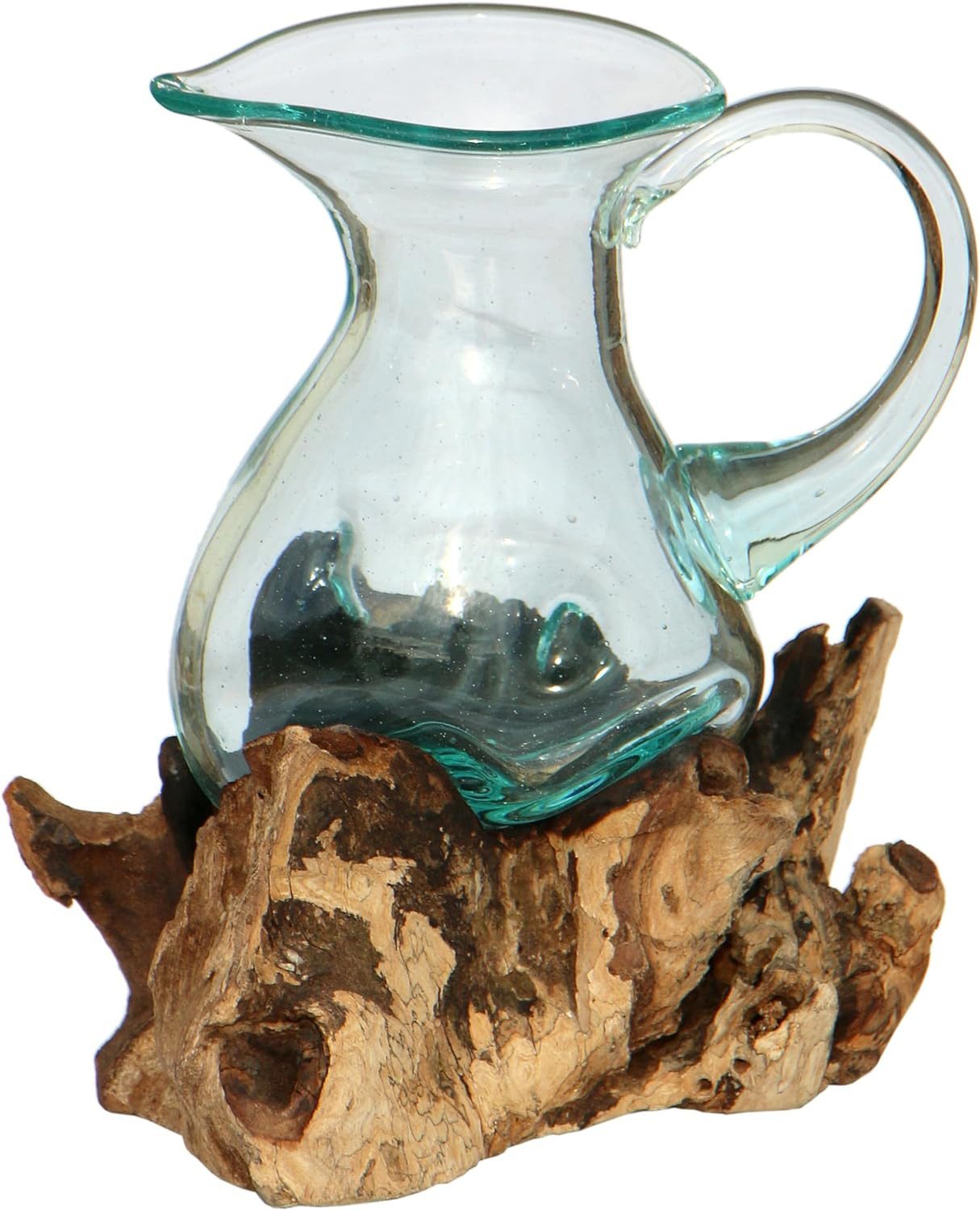 Wogeka Wasserkrug Glas-Krug auf Wurzelholz Kanne Teakholz Gamal Bali Vase