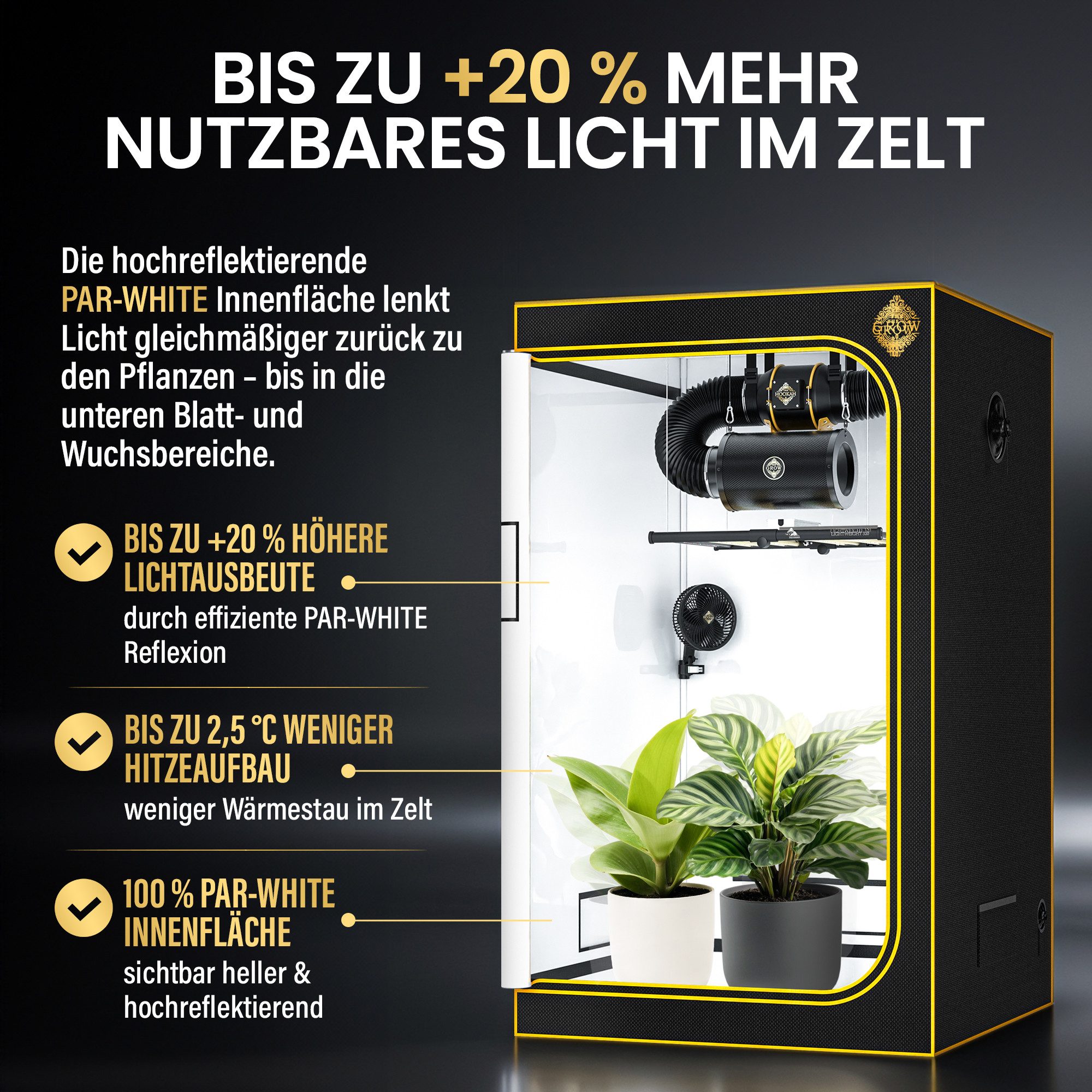 THE HOOKAH Gewächshaus Growzelt Edelweiss Pro – Growbox für Indoor-Anzucht, PAR-WHITE Innenfläche, 2000D-Außenhaut, wasserdichte Bodenwanne – Bild 2 von 5