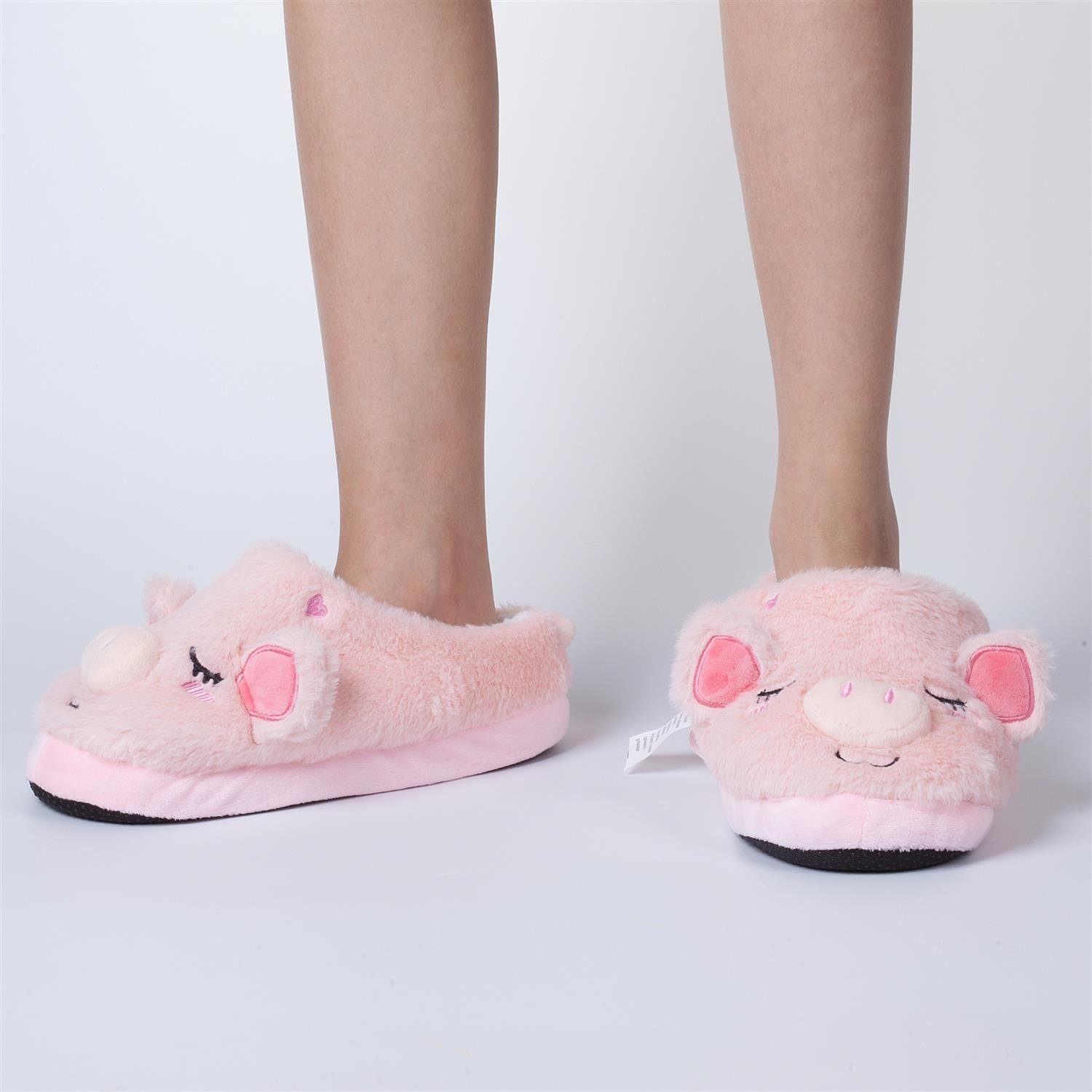 Pantoffeln (hinten Plüsch Kuschelige Schweinchen Katara (Schwein, Hausschuhe geschlossen) rosa Lama, Bär) Tier