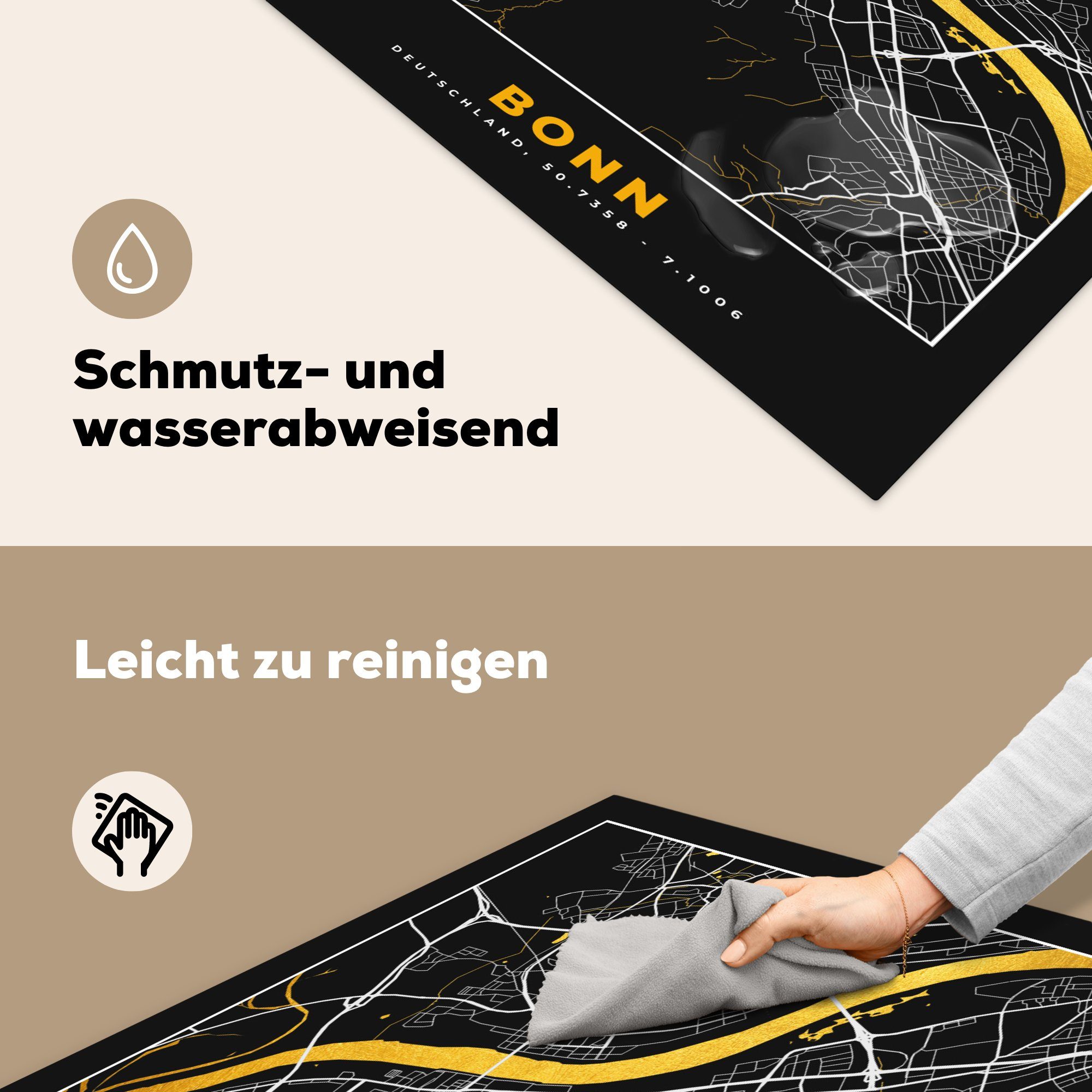 MuchoWow Arbeitsplatte - Deutschland, - Gold Herdblende-/Abdeckplatte tlg), - küche 78x78 (1 Bonn cm, Stadtplan für Ceranfeldabdeckung, - Karte Vinyl,
