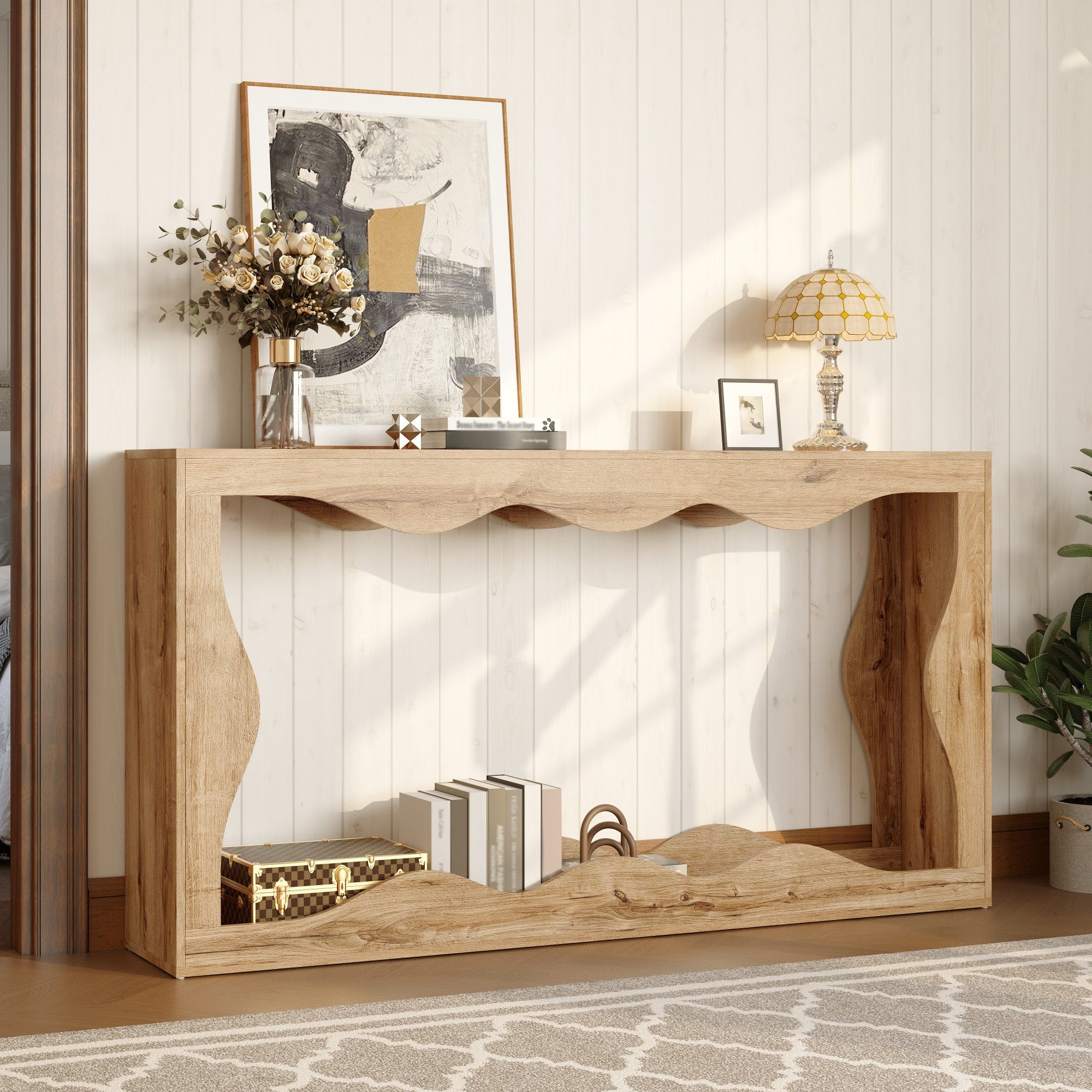 HAUSS SPOLE Konsolentisch mit 2-stöckiges Regal,Langtisch Frisiertisch mit Langform-Design (Kosmetiktisch mit offener Struktur und dekorativer Formgebung), Zweistufige Ablage und Keine geschlossenen Türen, einfacher Zugriff