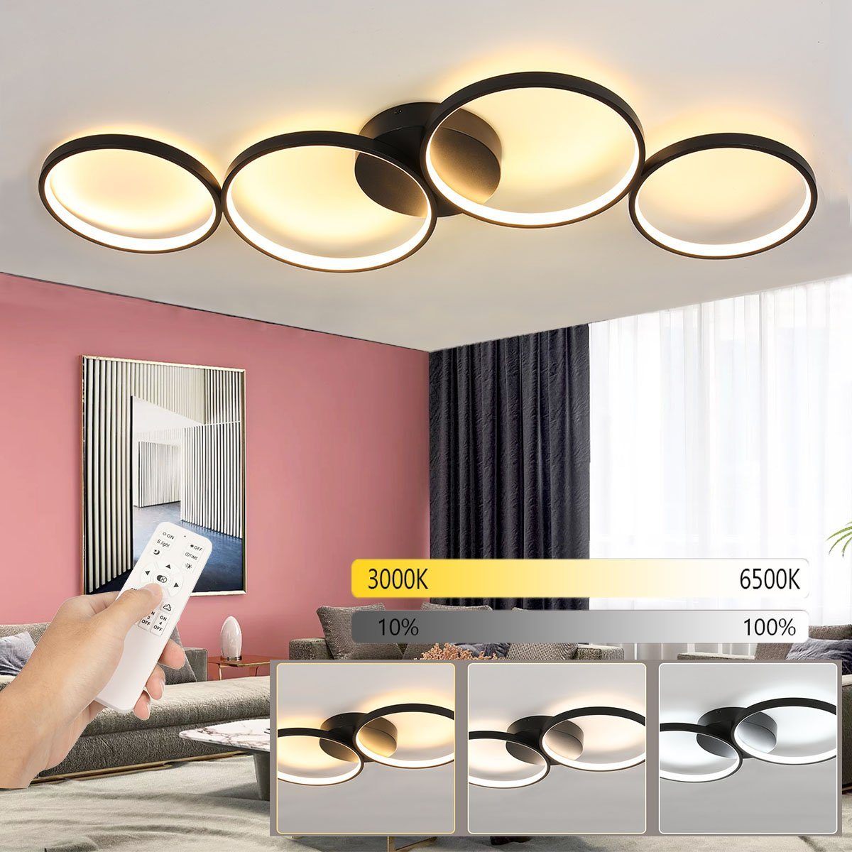 oyajia Deckenleuchte 50W LED Schwarz, Küche 4 Flammig in fest Dimmbar Deckenlampe, Schlafzimmer Fernbedienung, Wohnzimmer Flur Ring für Ringoptik, integriert, Deckenlampe LED mit LED Kaltweiß/Naturweiß/Warmweiß, 4