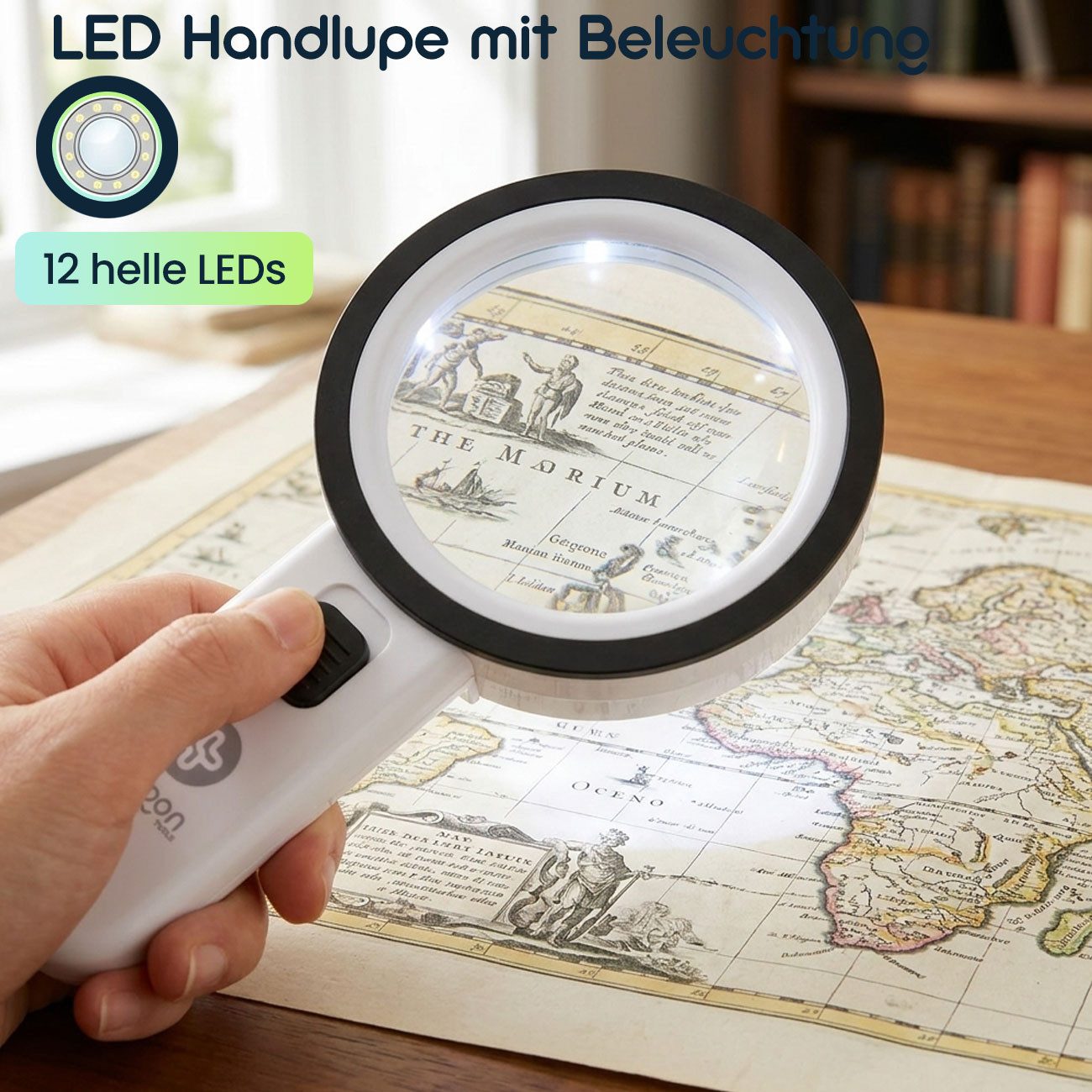 shop'n smile ideoon Handlupe LED-Handlupe mit Beleuchtung 5-fache Vergrößerung & 80mm Glas-Linse, 1-tlg., 1er-Set & 2er-Set, Ergonomischer Griff mit Schalter, 80mm Glas-Linse, 12 helle LEDs & ABS