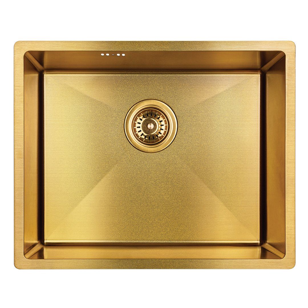 KOLMAN Küchenspüle Einzelbecken Marmara Stahl Spülbecken, Rechteckig, 44/54 cm, Space Saving Siphon GRATIS Gold