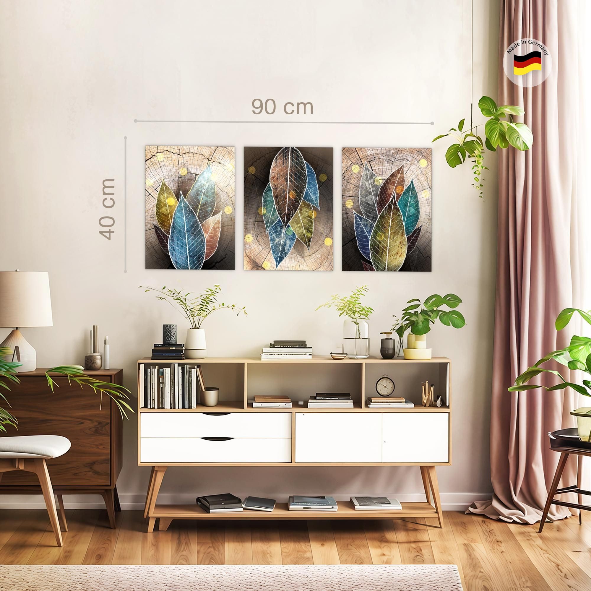 Novart Wandbild Abstrakt Blätter AUFHÄNGFERTIG Flur Deko 3 Moderne Bilder Bunt N0354, 30 x 40 cm - 3 Bilder