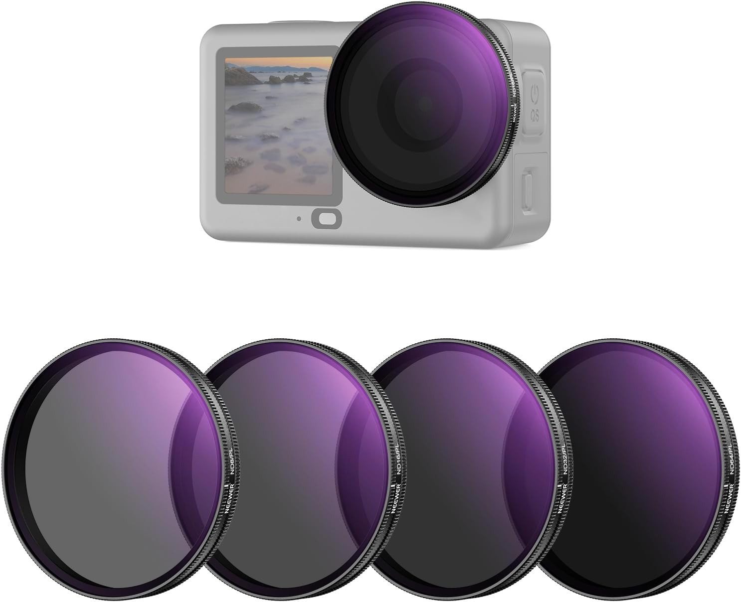 Neewer 4 Pack ND/PL Filter Set Kompatibel mit DJI Osmo Action 6 nur Foto-Filter-Sets (ND8/PL+ND16/PL+ND32/PL+ND64/PL, Snap-On-Befestigungsfilter)