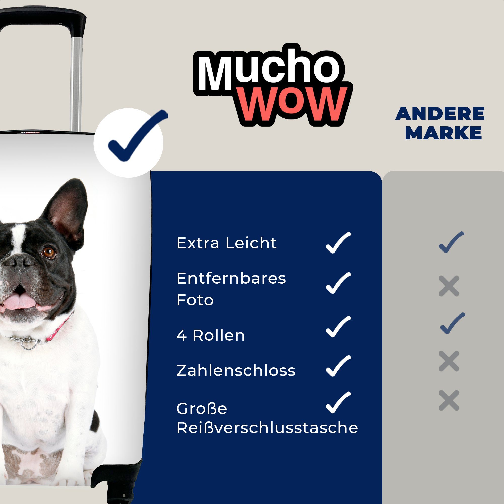 Trolley, 4 - Ferien, für Bulldogge Französische Handgepäck Weiß, Rollen, Reisekoffer MuchoWow Schwarz Reisetasche mit rollen, Handgepäckkoffer -