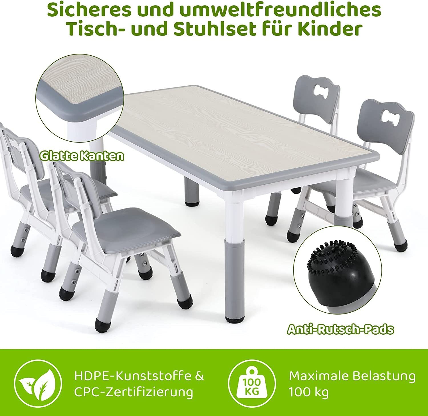 Stuhl mit 4 Kindertisch TLGREEN Set Kindersitzgruppe Grau Höhenverstellbar Stühlen, Tisch